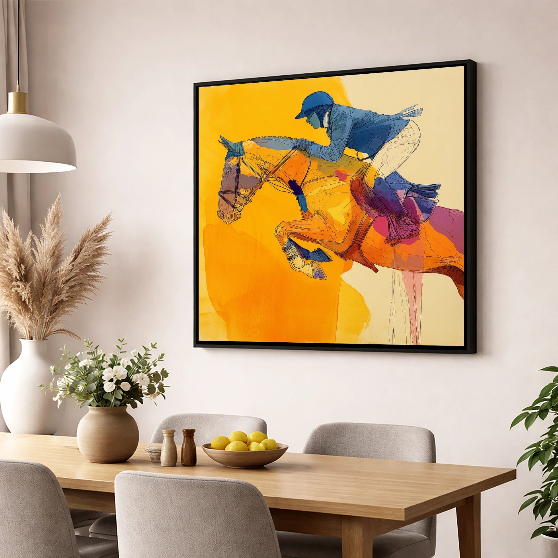 Vivid Golden Ascent show jumping horse wall art displayed in a dining room