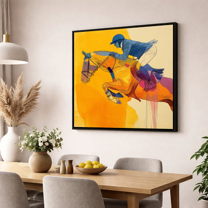 Vivid Golden Ascent show jumping horse wall art displayed in a dining room