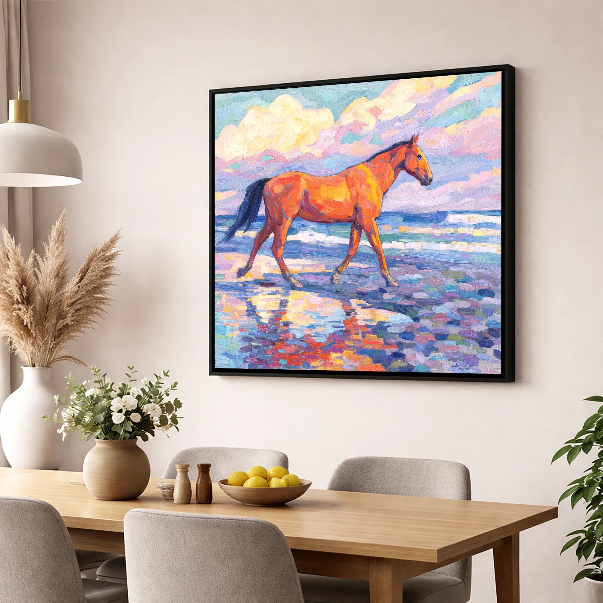Vibrant Coastal Stroll horse landscape wall art displayed in a dining room