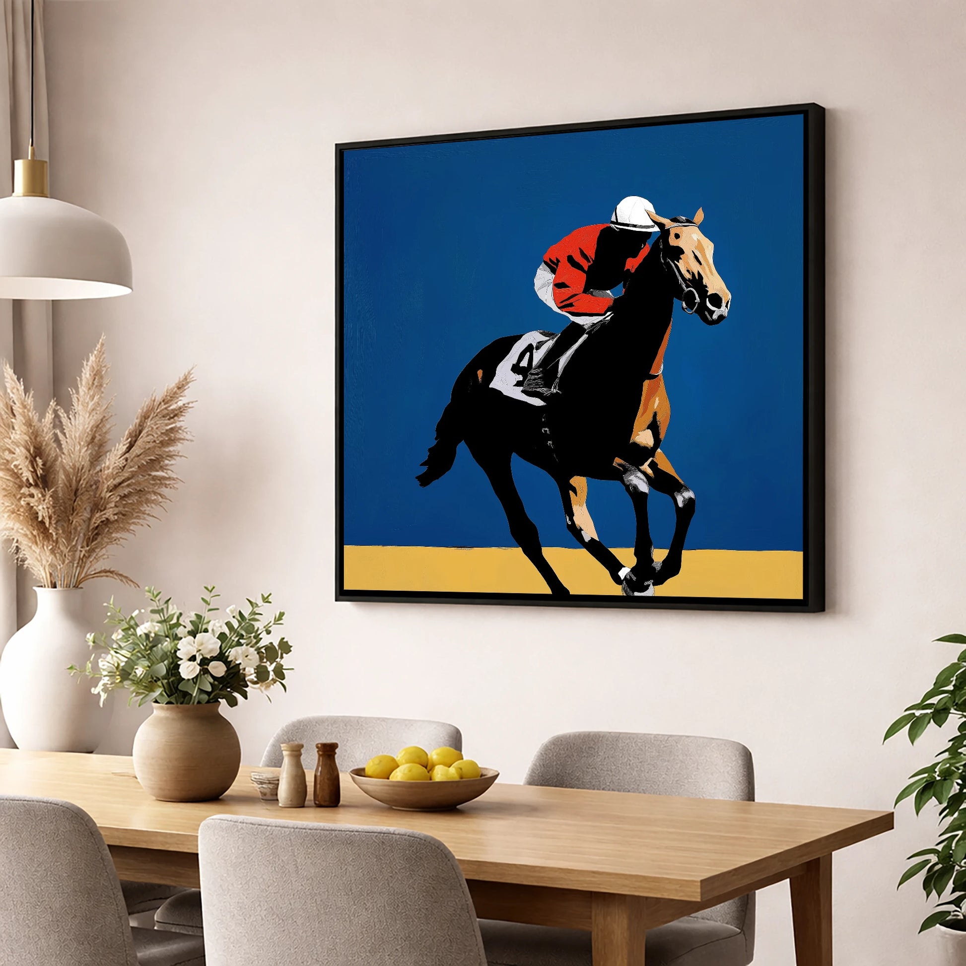 Gallop in Scarlet racing horse wall art displayed in a dining room