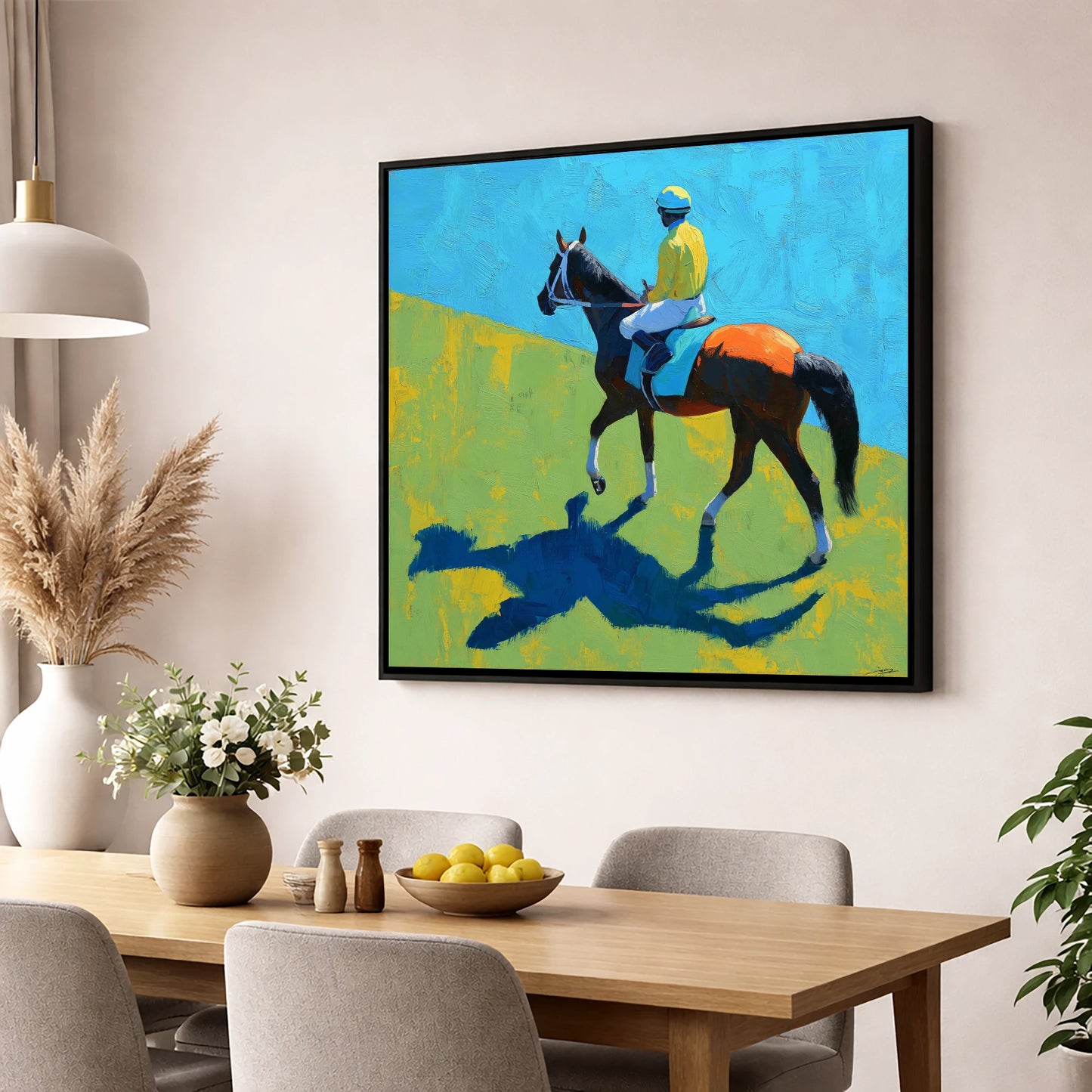 To The Start racing horse wall art displayed in a dining room