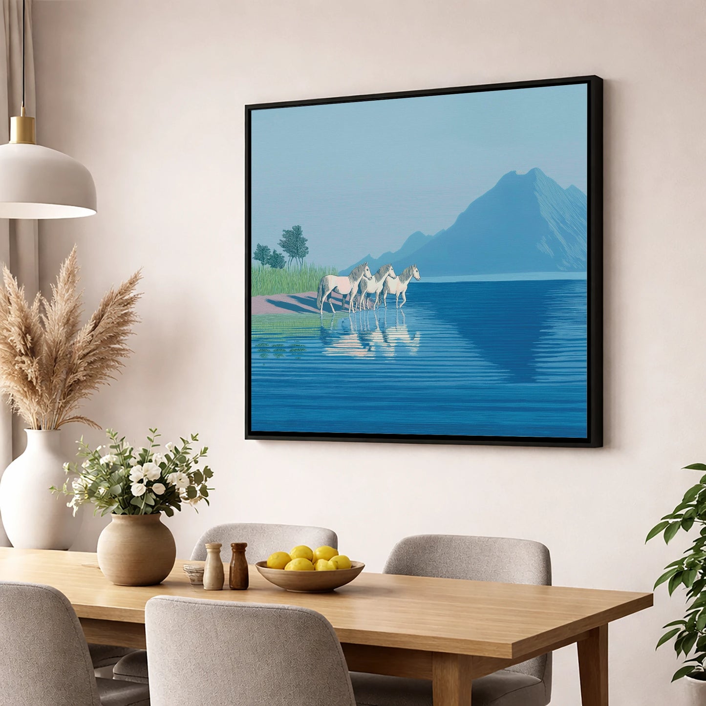 Reflections in Azure wild horses wall art displayed in a dining room