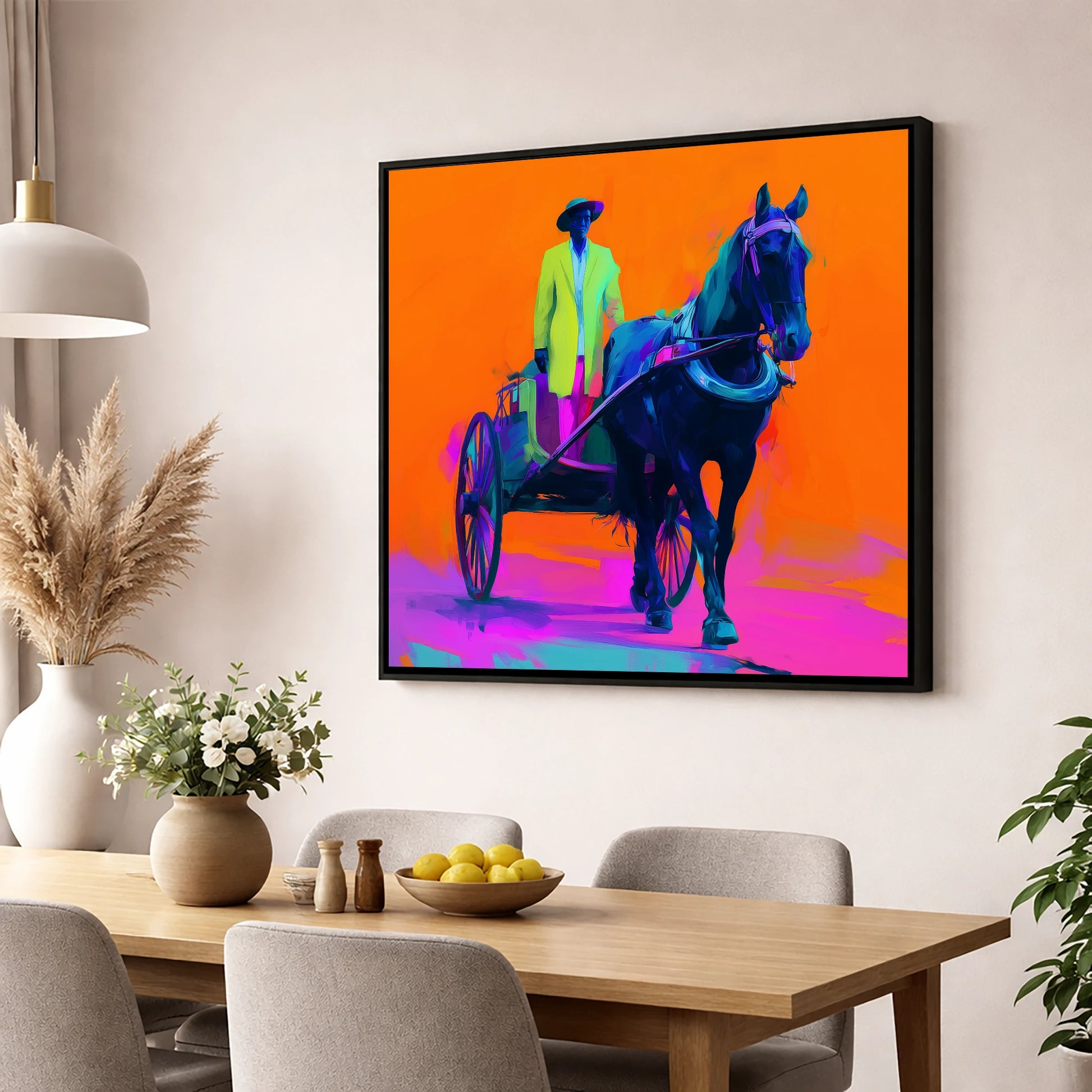 Electric Harness Horse working horse wall art displayed in a dining room
