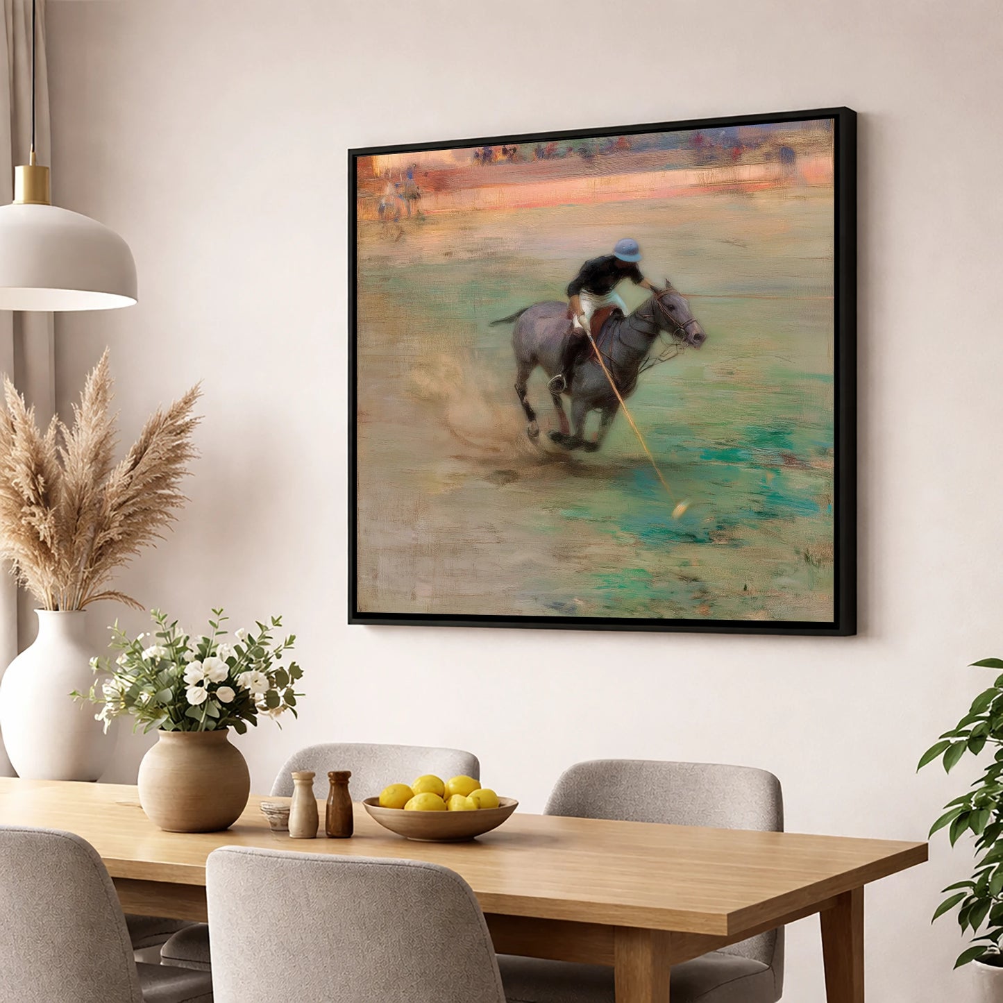 The Mid-Field Drive polo horse wall art displayed in a dining room