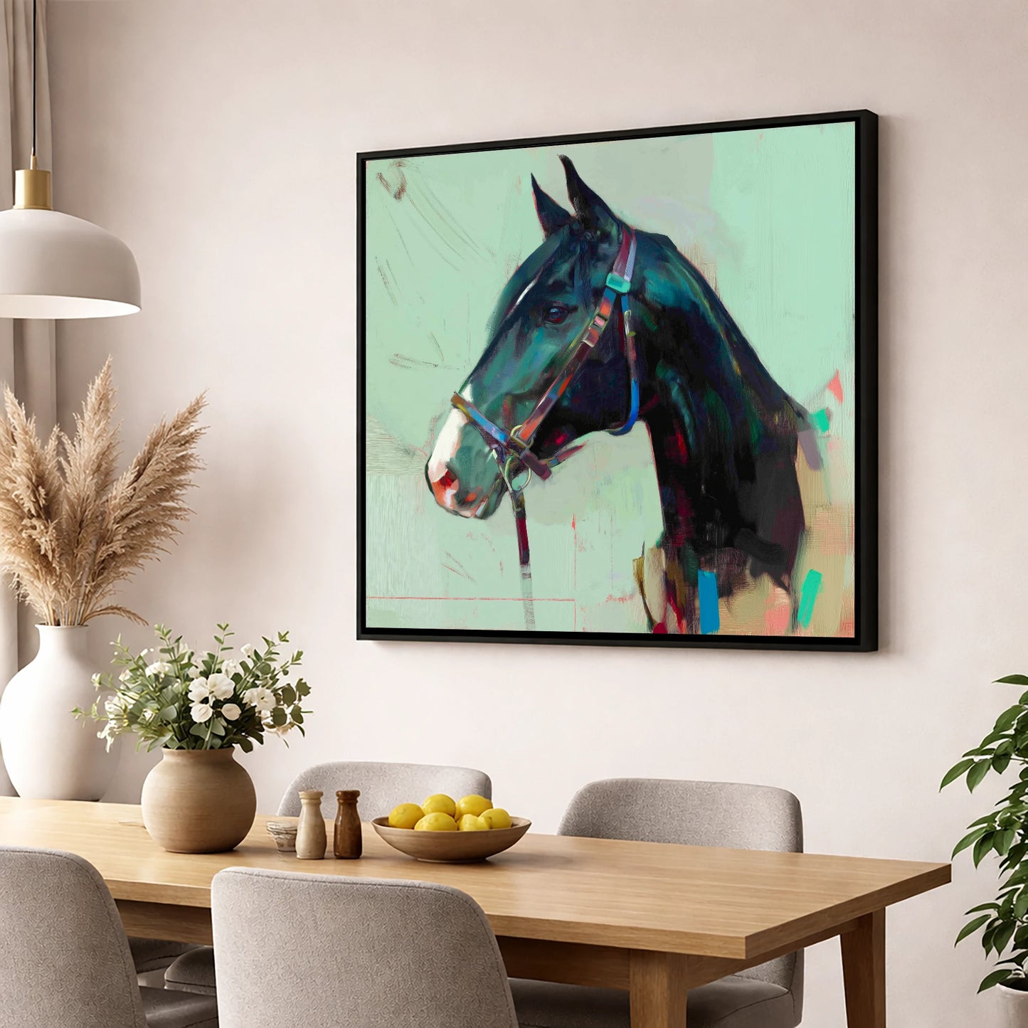 Midnight Profile in Teal horse portrait wall art displayed in a dining room