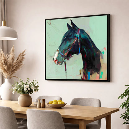 Midnight Profile in Teal horse portrait wall art displayed in a dining room