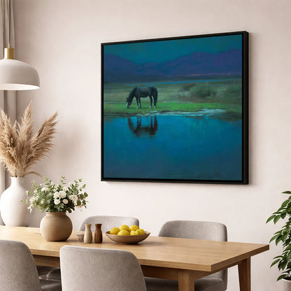Midnight Reflection horse landscape wall art displayed in a dining room