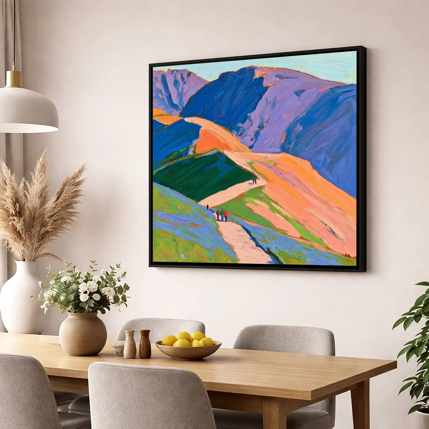Vibrant Mountain Trail horse landscape wall art displayed in a dining room