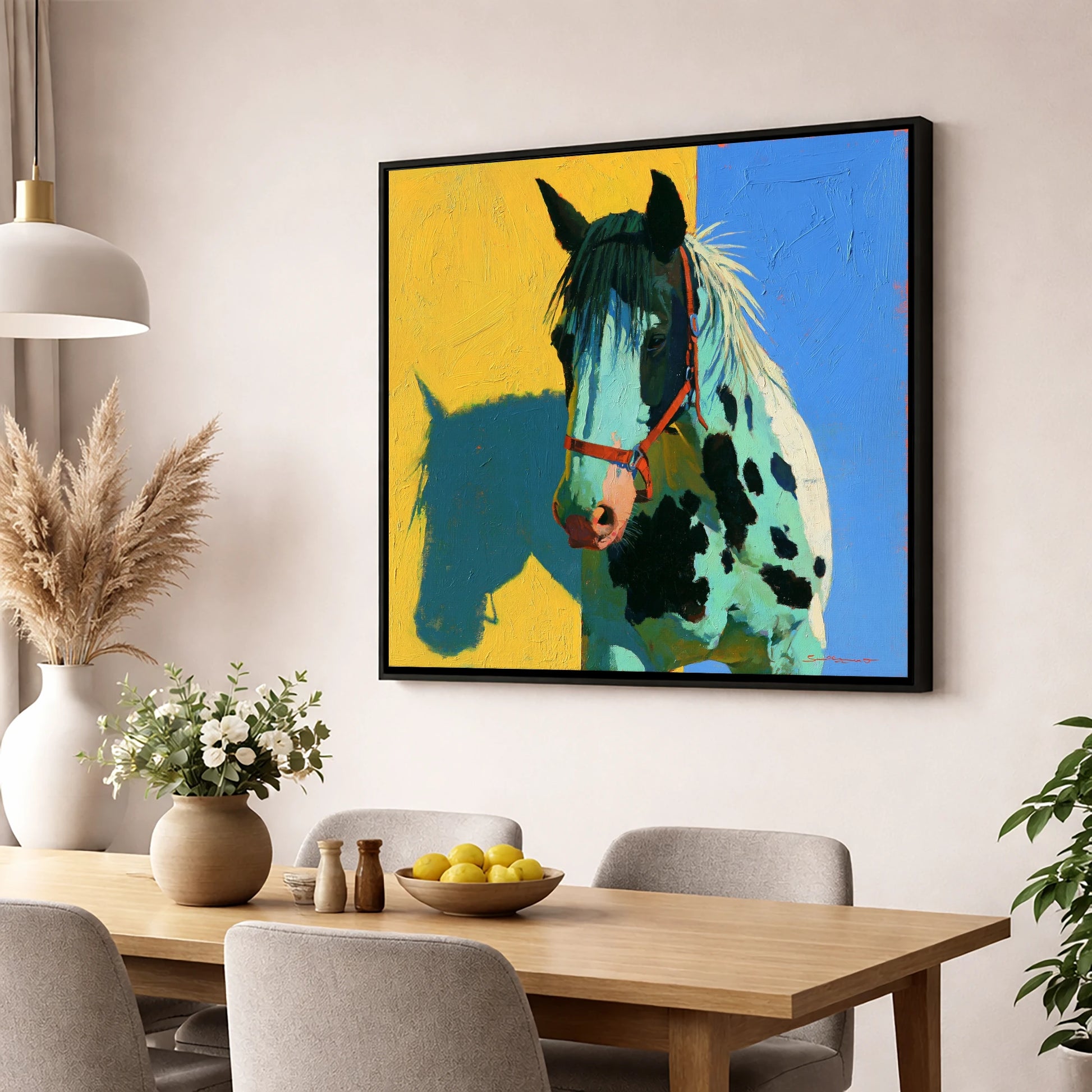 Spotted Horse with Teal Shadow horse breed wall art displayed in a dining room