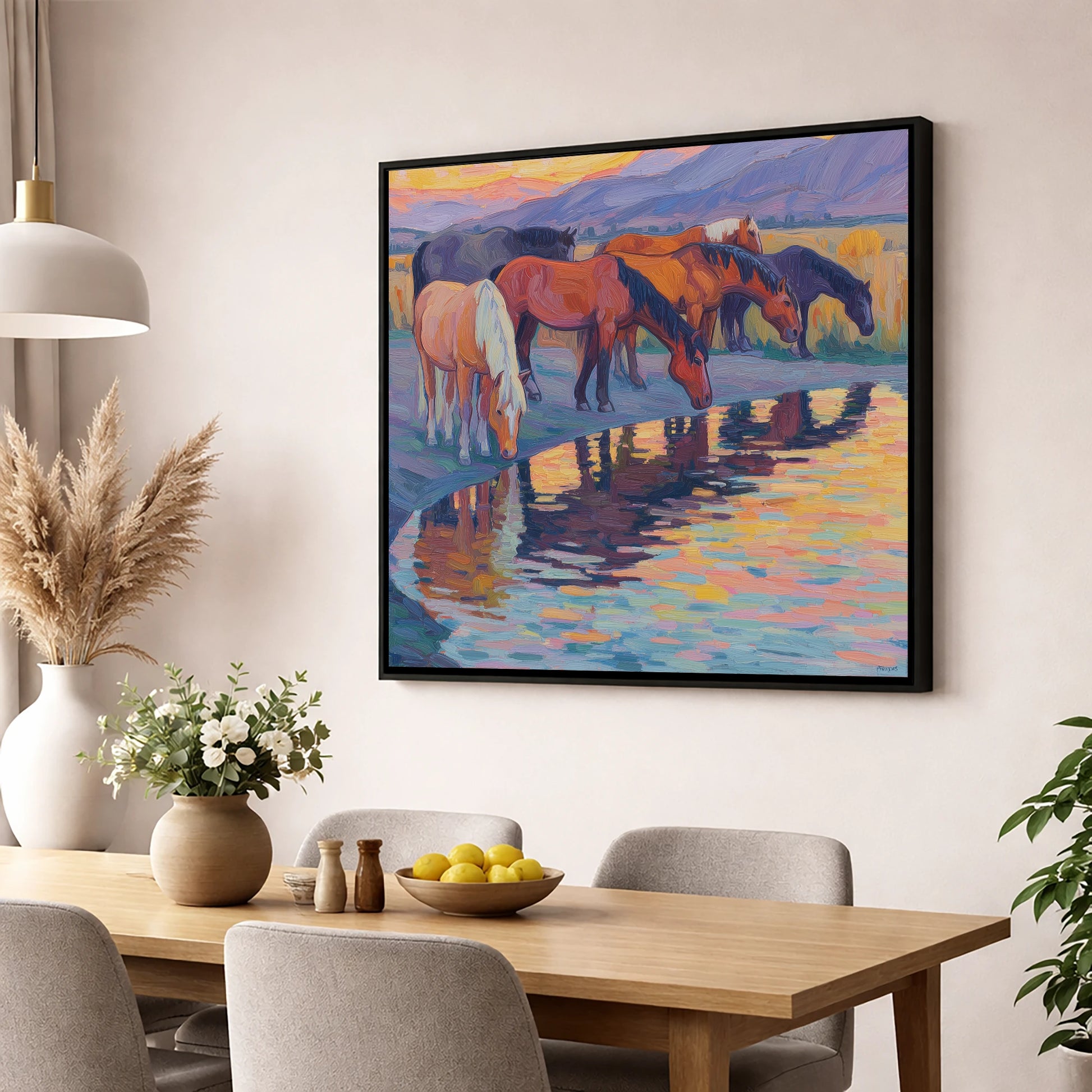 Reflections at Dusk wild horses wall art displayed in a dining room