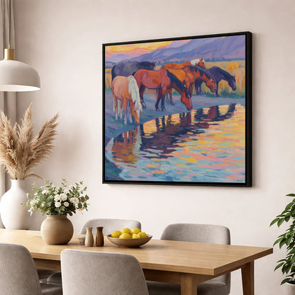 Reflections at Dusk wild horses wall art displayed in a dining room