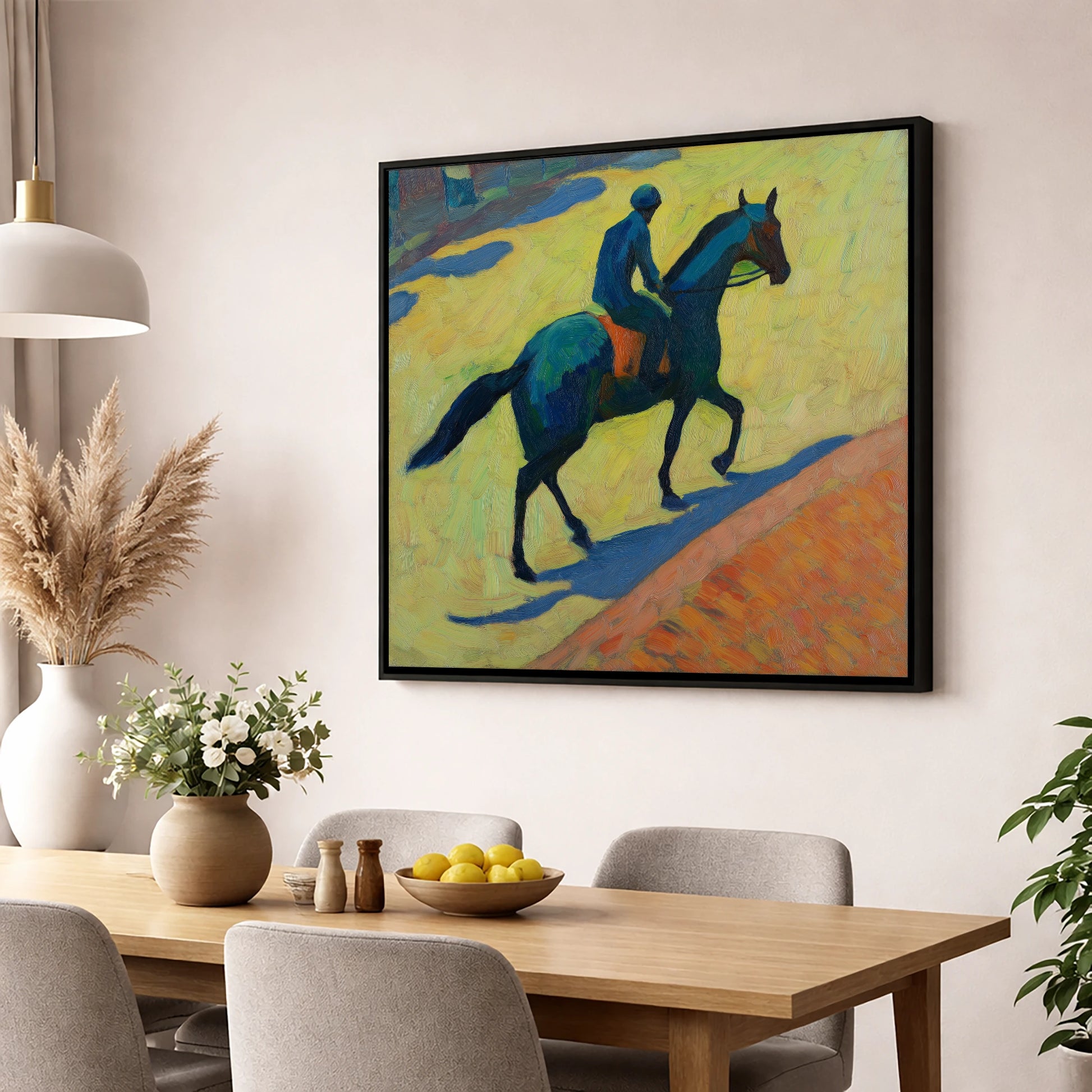 Rhythm on the Gallops racing horse wall art displayed in a dining room