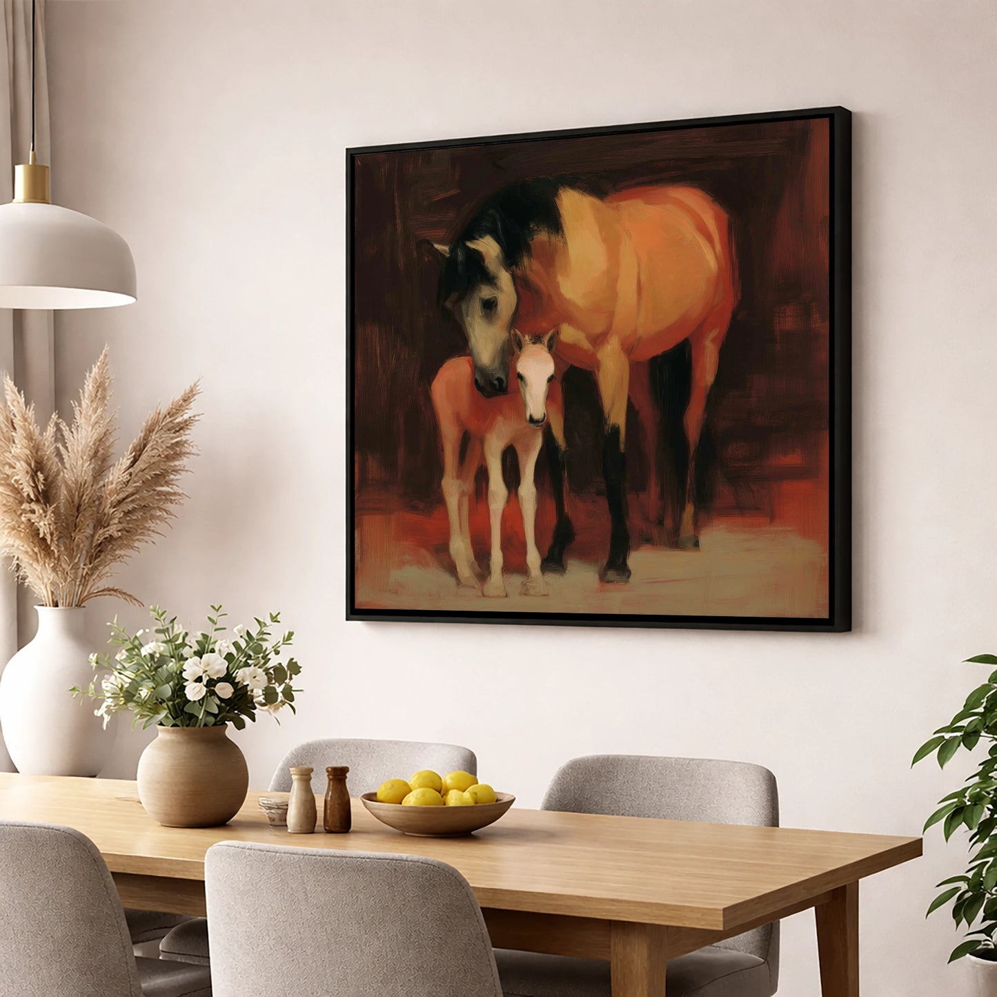 The Nurturing Bond mare & foal wall art displayed in a dining room