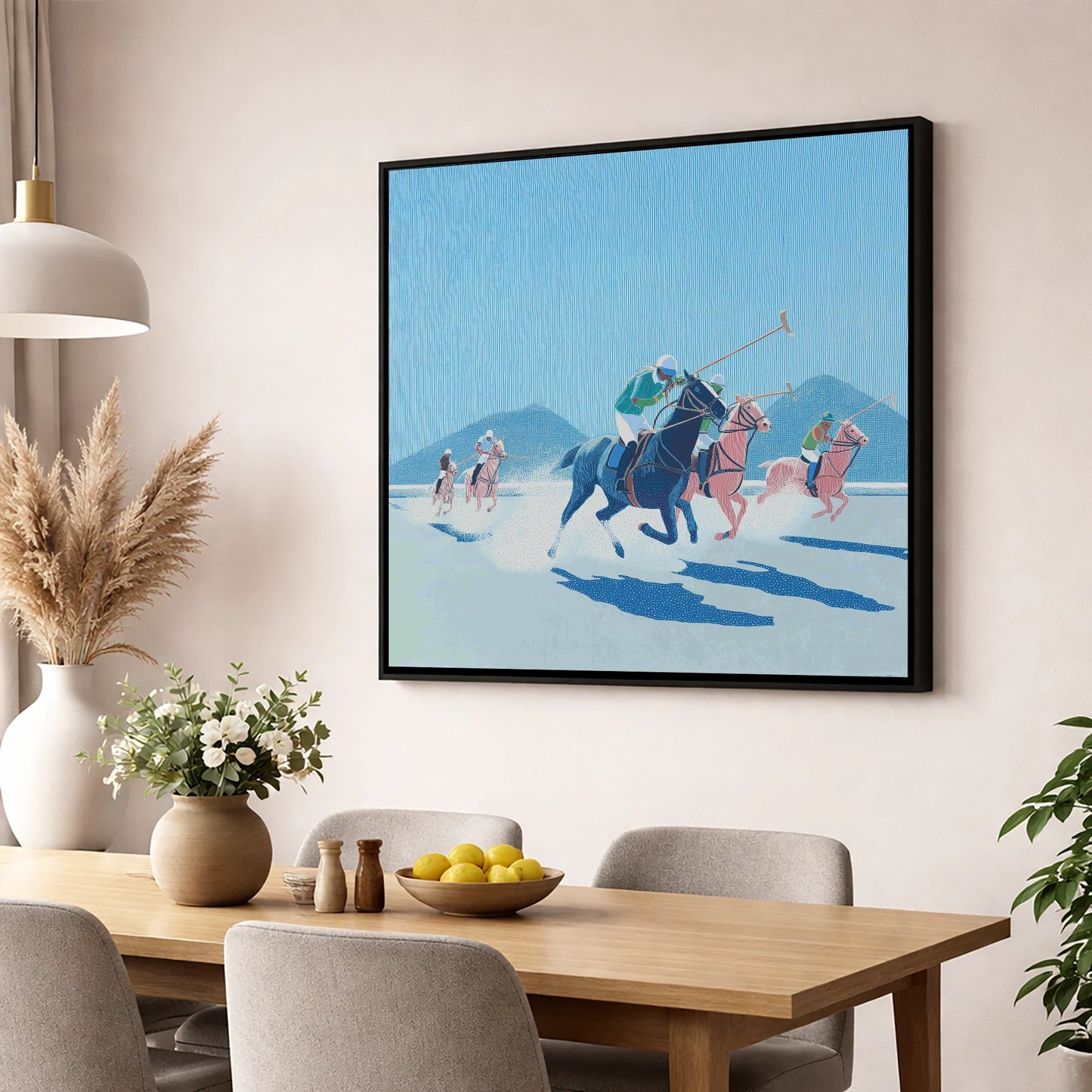 Azure Polo Pursuit polo horse wall art displayed in a dining room