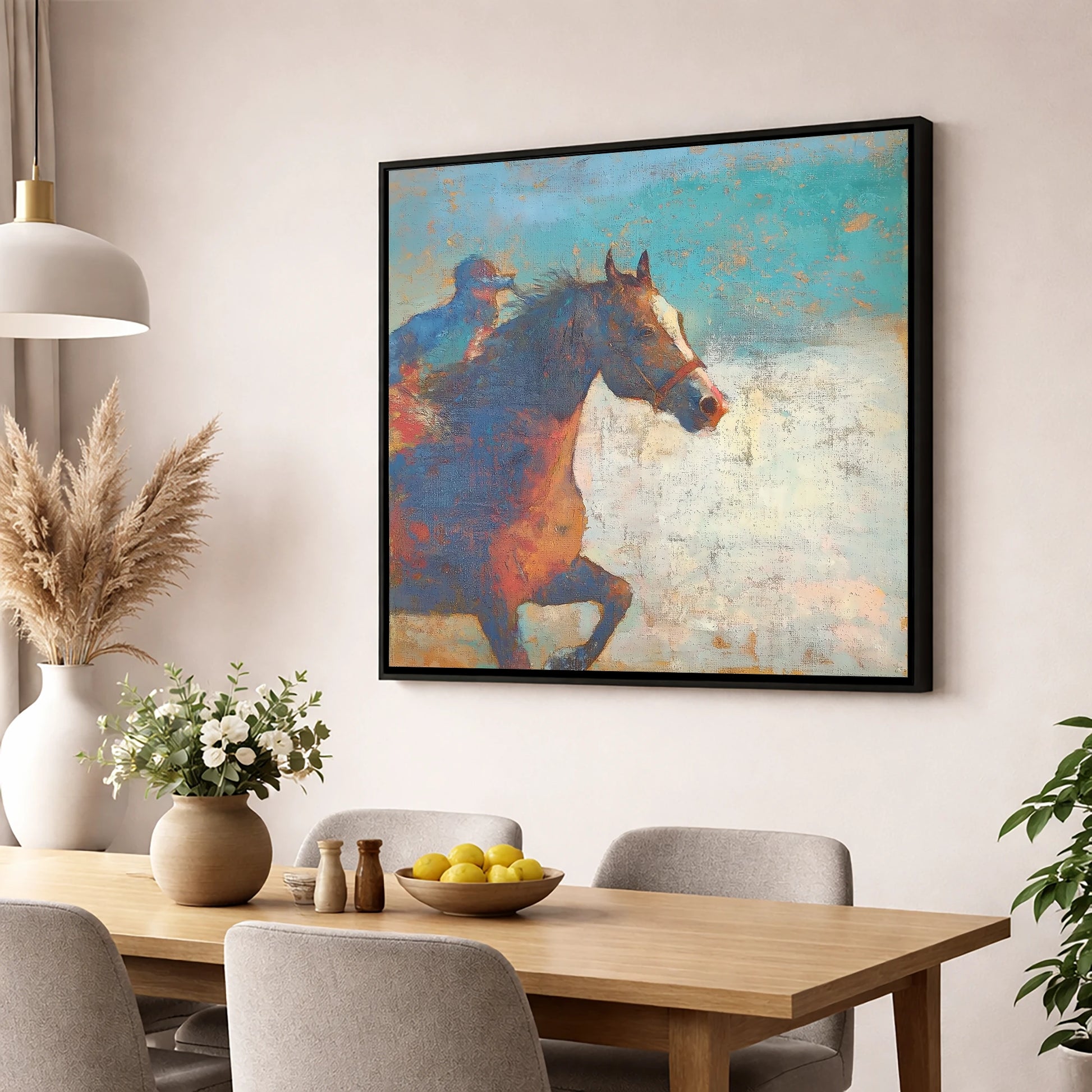 Echoes of the Turf racing horse wall art displayed in a dining room