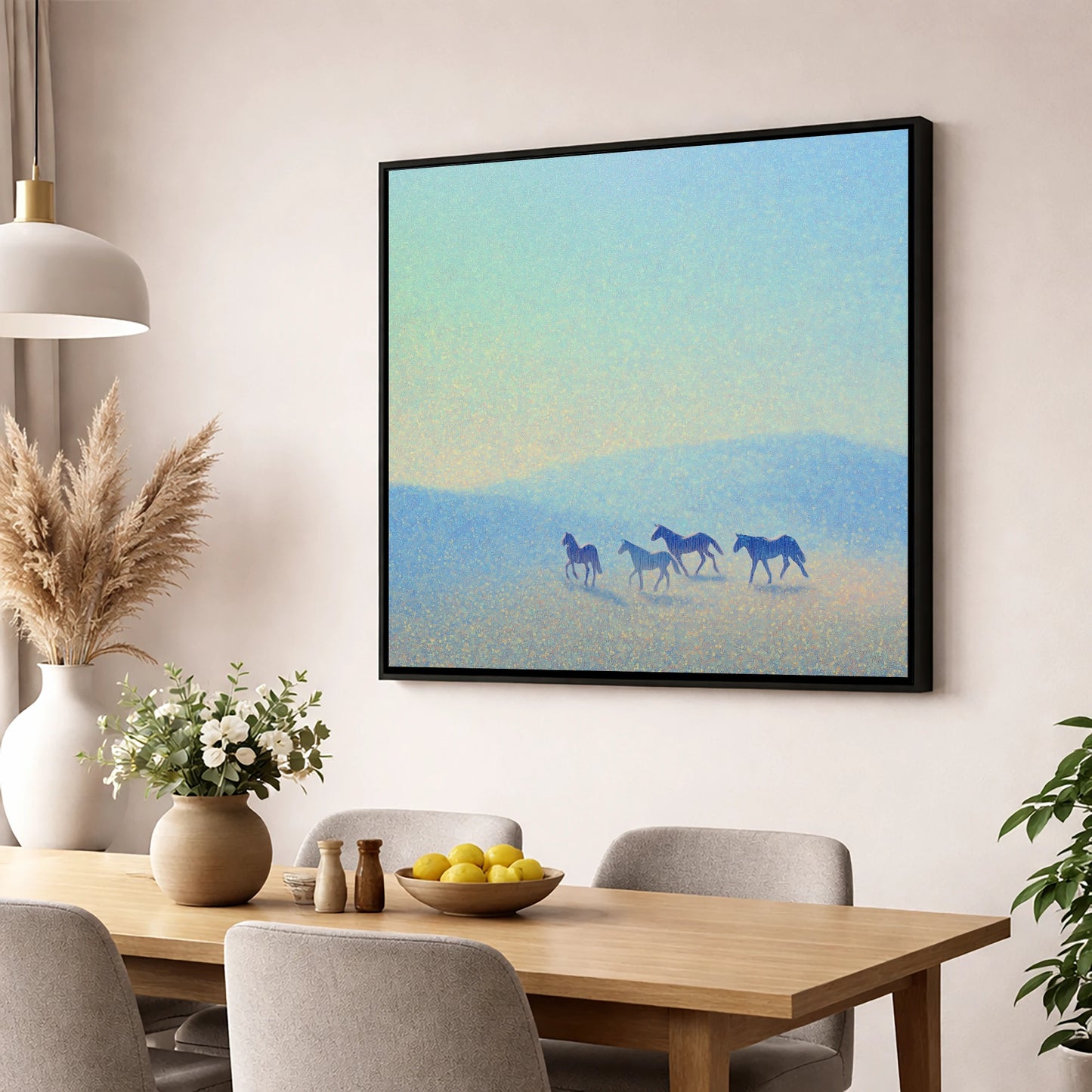 Ethereal Blue Herd wild horses wall art displayed in a dining room