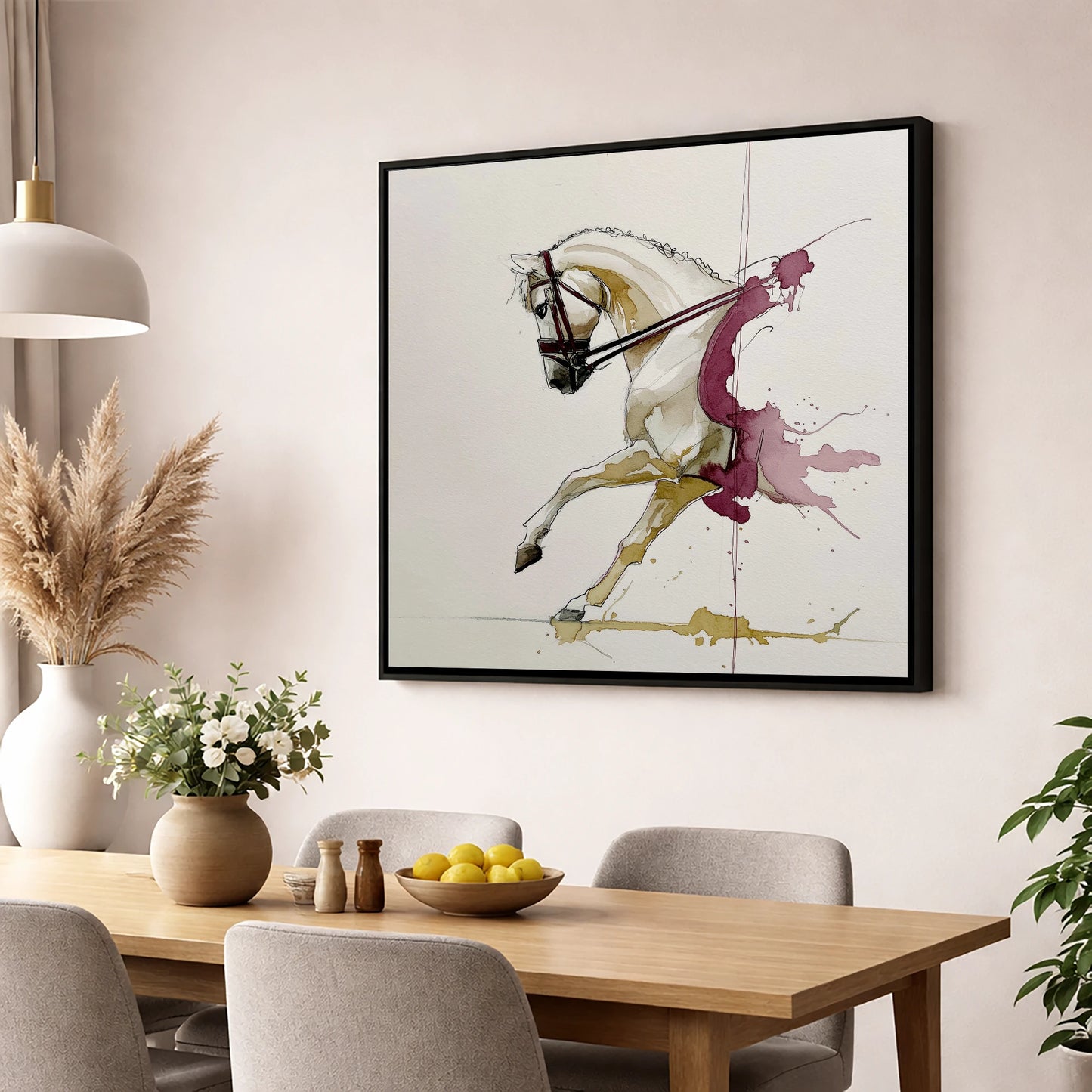 Moment of Collection dressage horse wall art displayed in a dining room