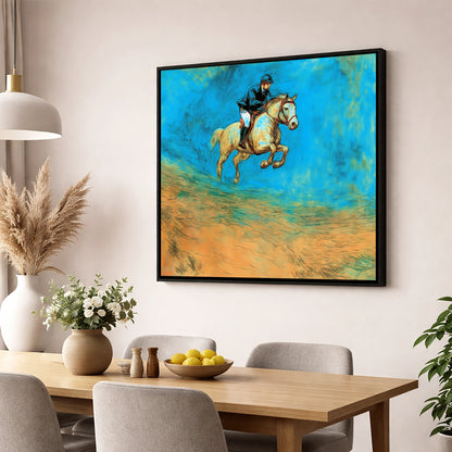 Flight in Cerulean show jumping horse wall art displayed in a dining room
