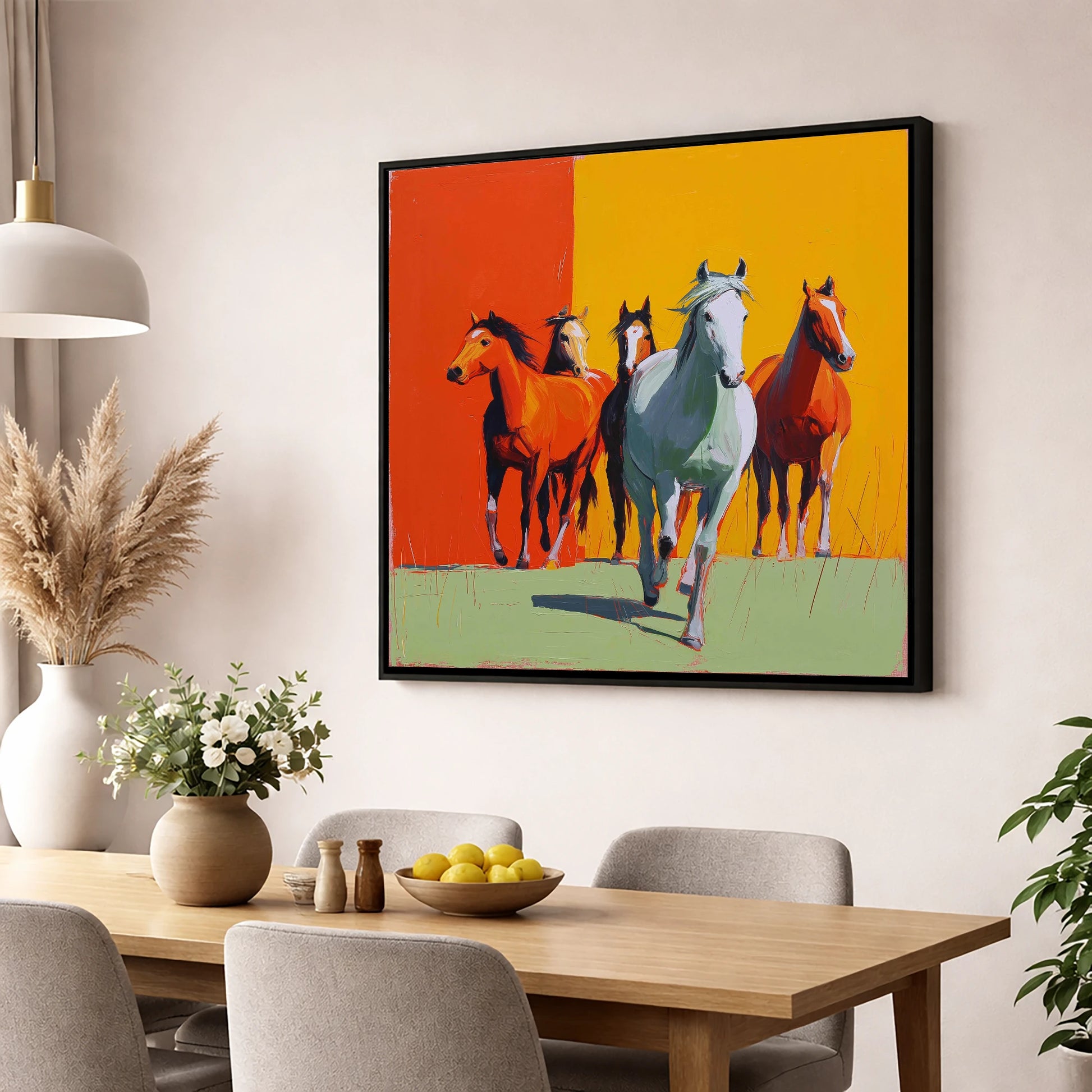 The Vivid Herd wild horses wall art displayed in a dining room