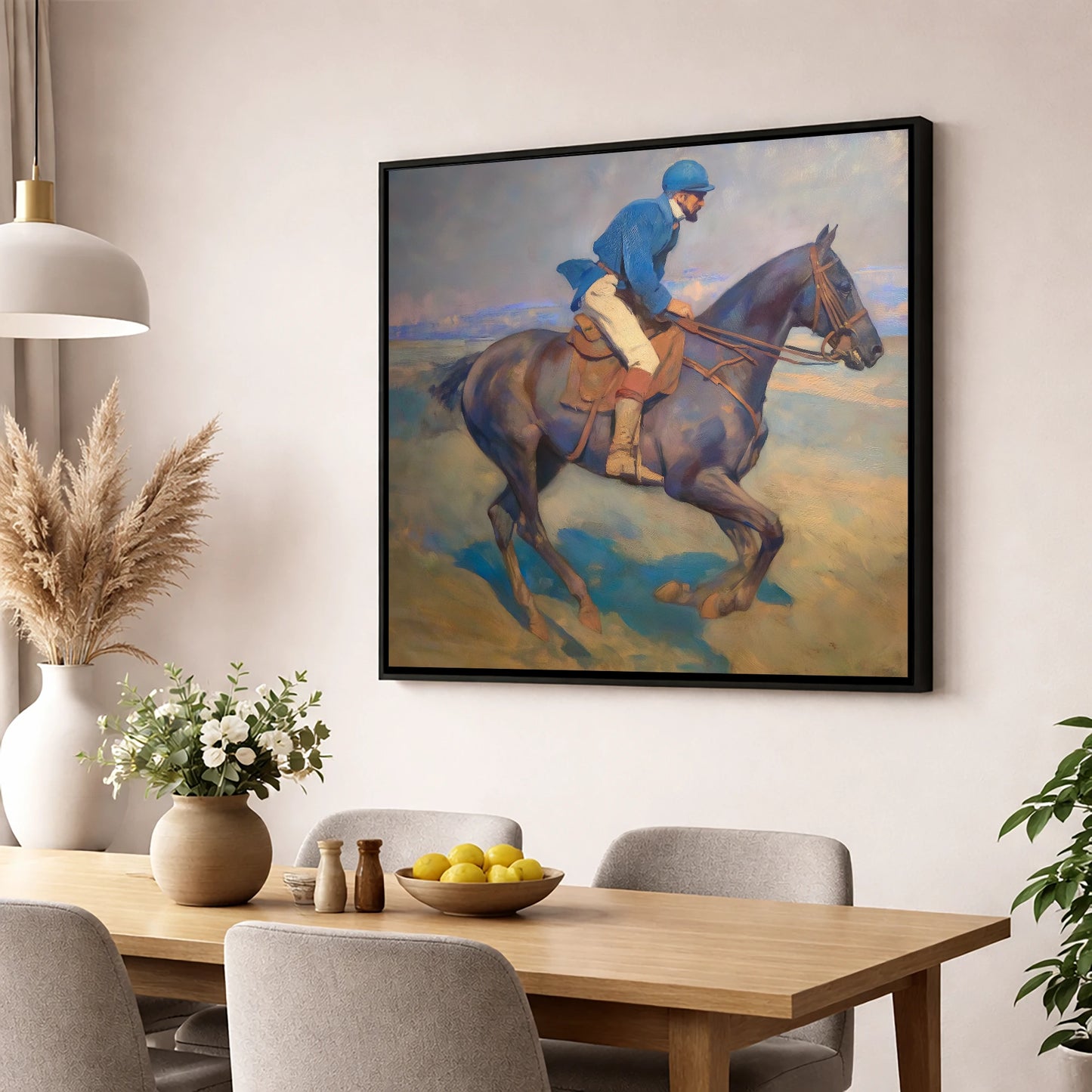 Azure Rhythm at Dawn racing horse wall art displayed in a dining room