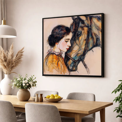 The Unspoken Bond horse & rider wall art displayed in a dining room