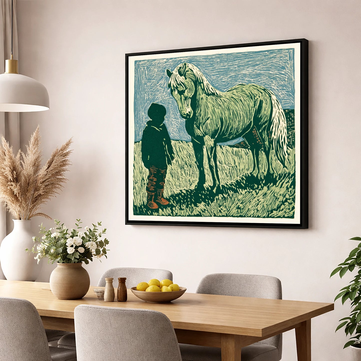 The Silent Bond horse & rider wall art displayed in a dining room