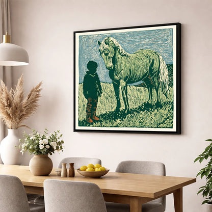 The Silent Bond horse & rider wall art displayed in a dining room