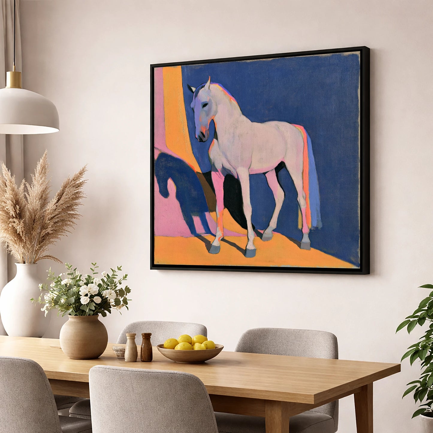 Colourful Grey Horse And Shadow horse breed wall art displayed in a dining room