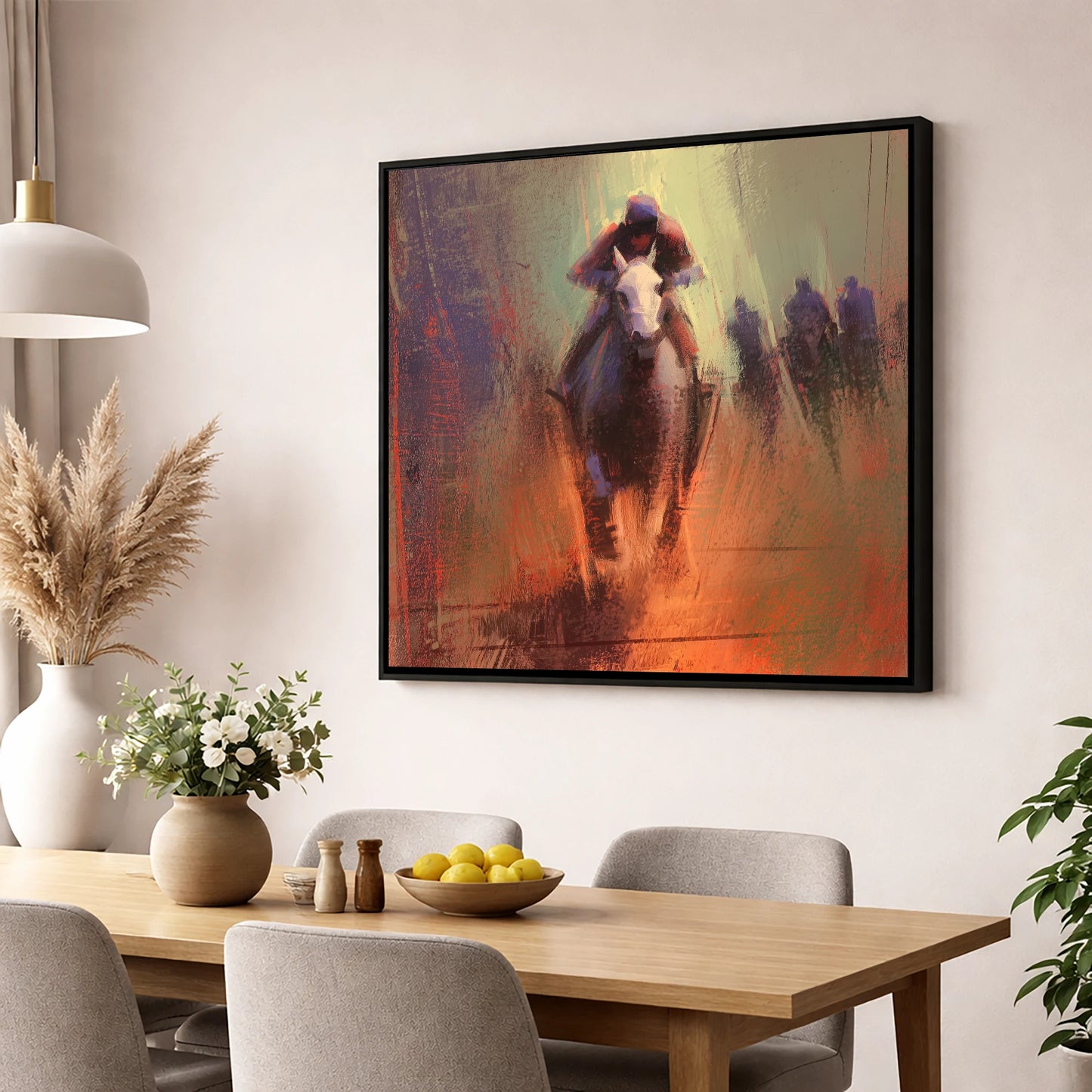 The Home Straight racing horse wall art displayed in a dining room