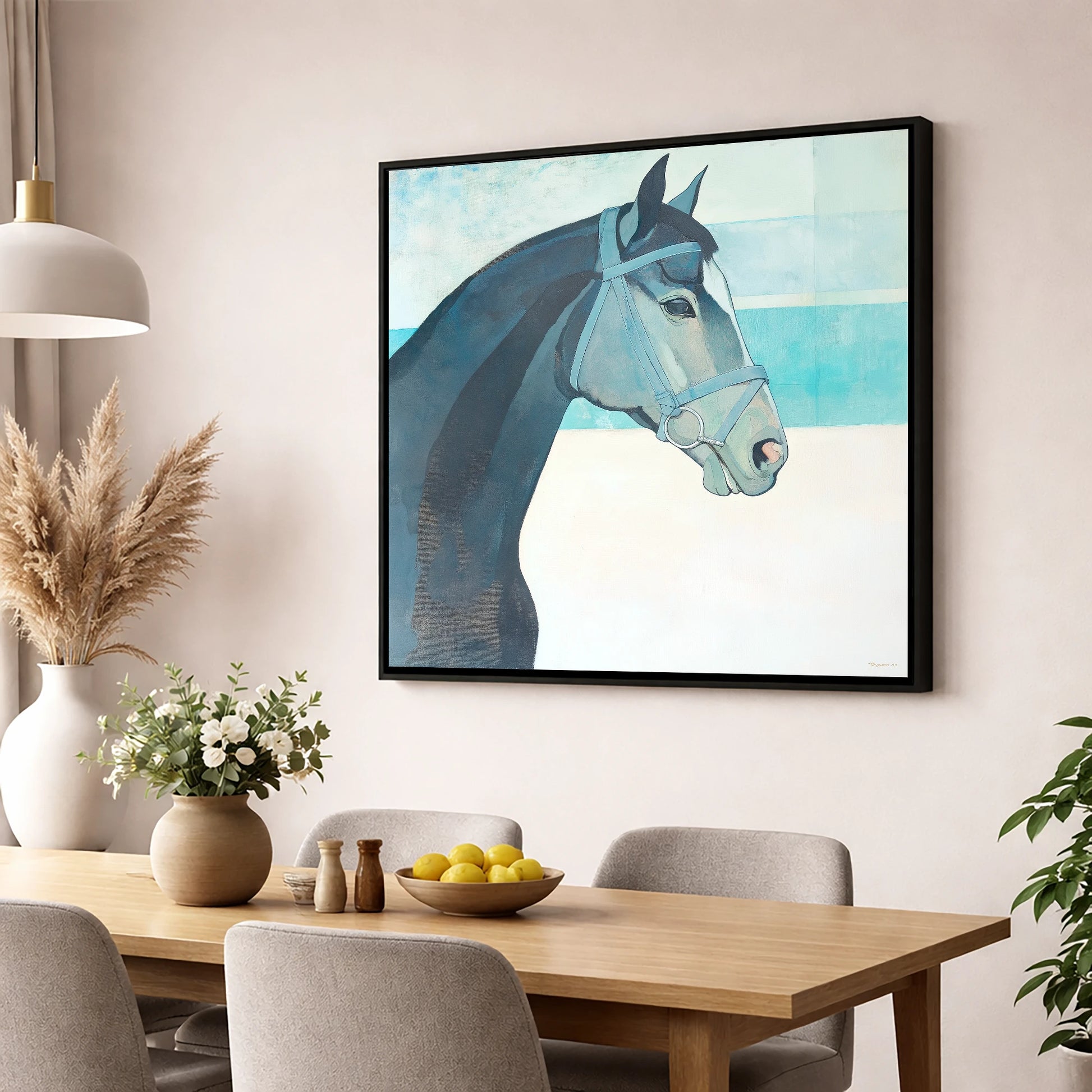 Serene Aquamarine Profile racing horse wall art displayed in a dining room