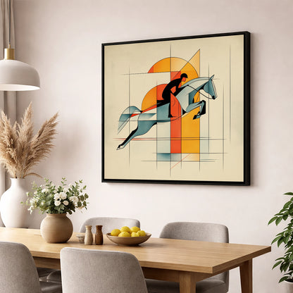 Precision in Flight show jumping horse wall art displayed in a dining room