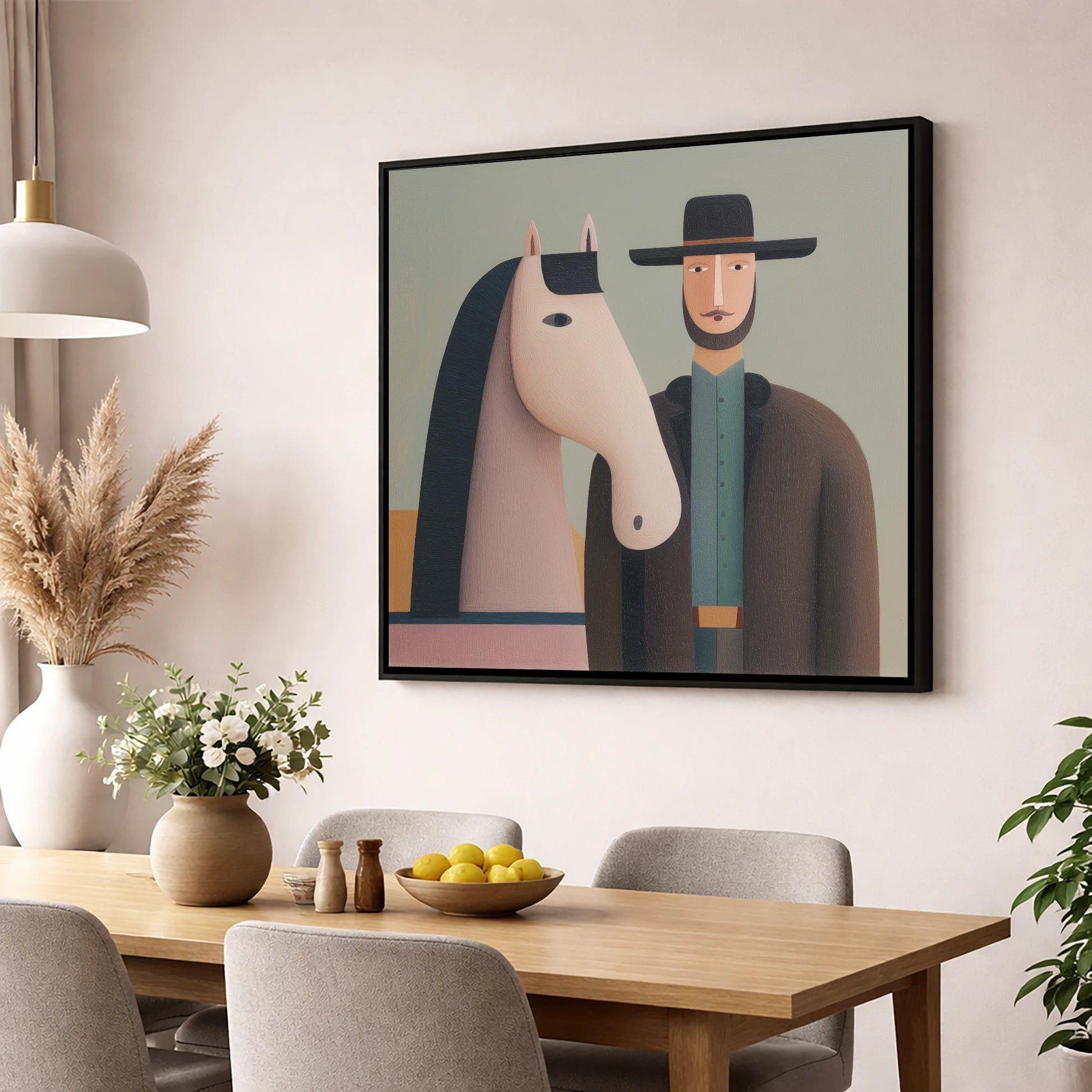 The Quiet Companions western horse wall art displayed in a dining room