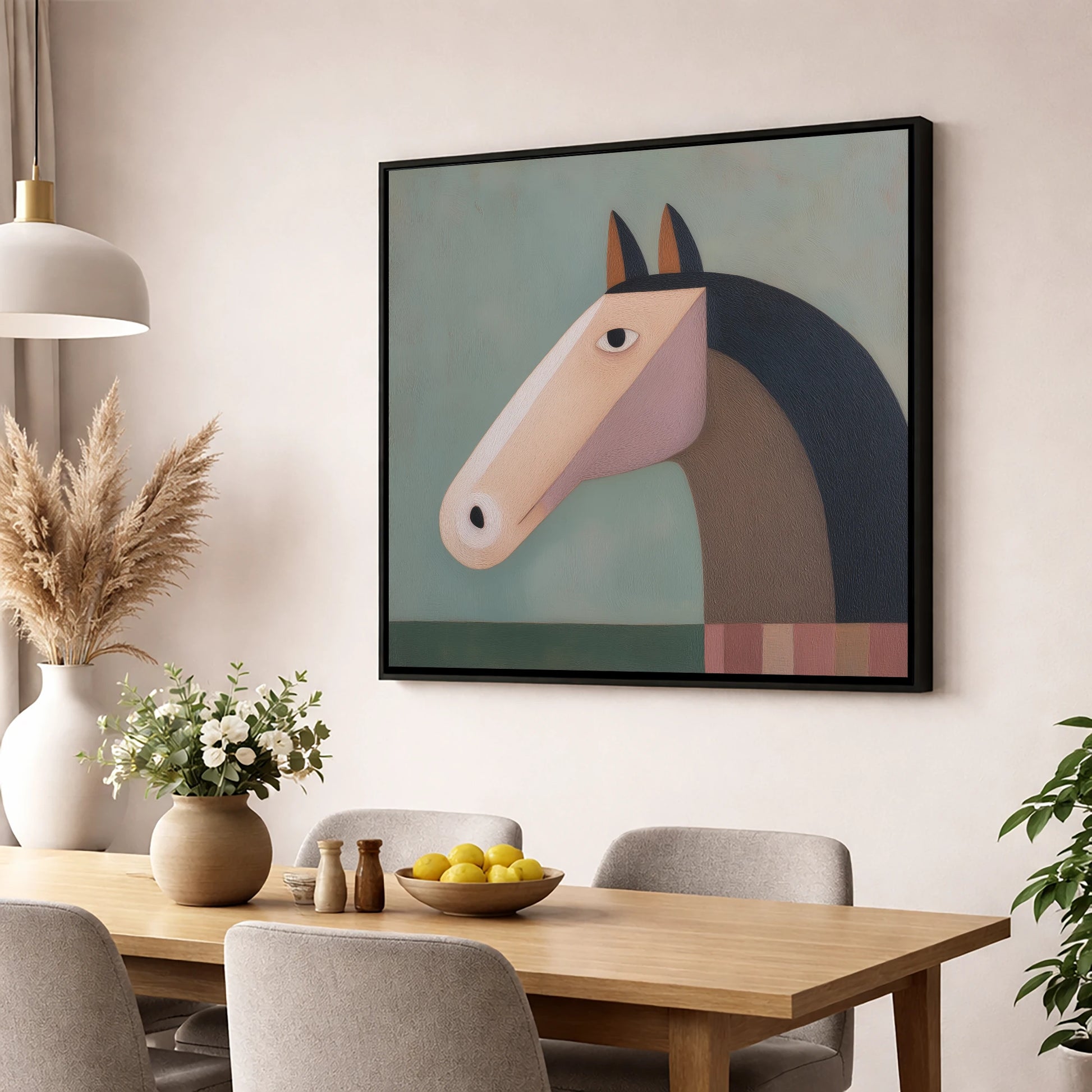 Modernist Equine Form horse portrait wall art displayed in a dining room