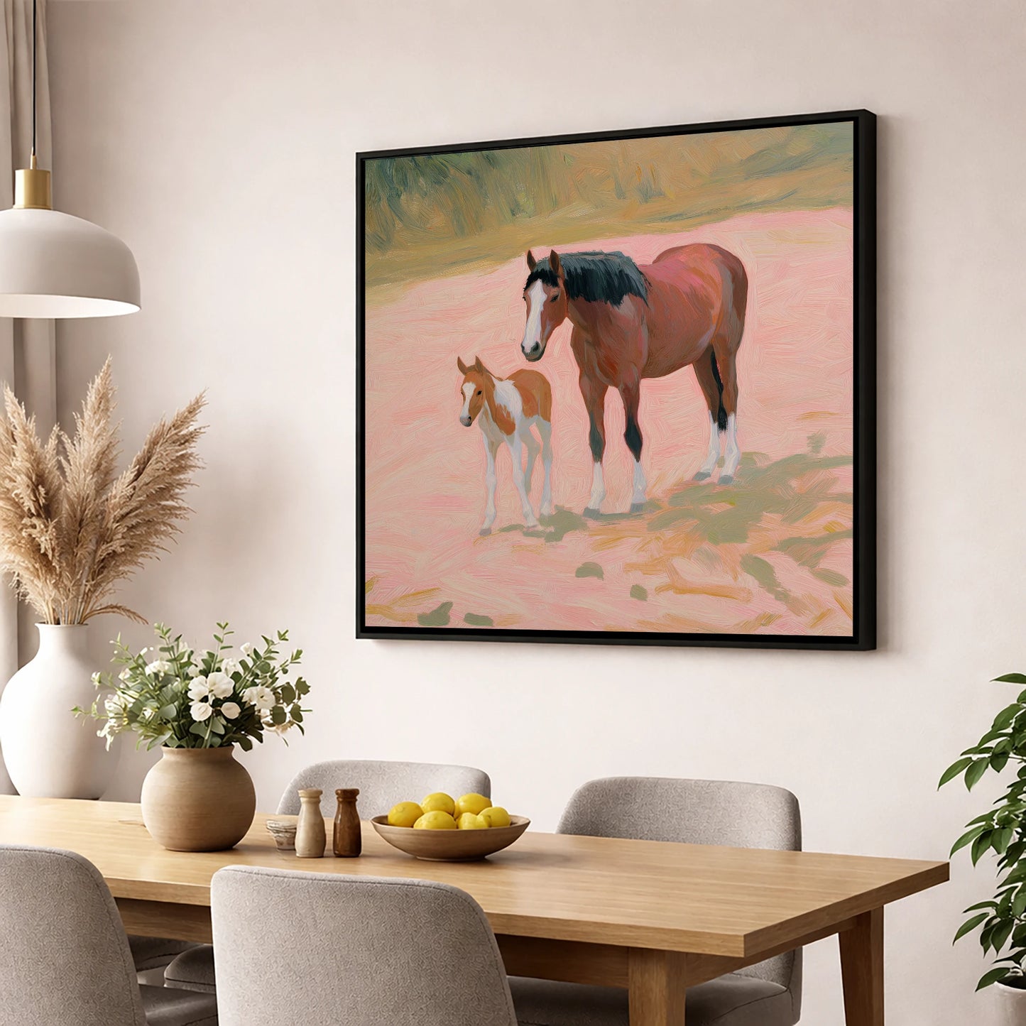 The Gentle Bond mare & foal wall art displayed in a dining room