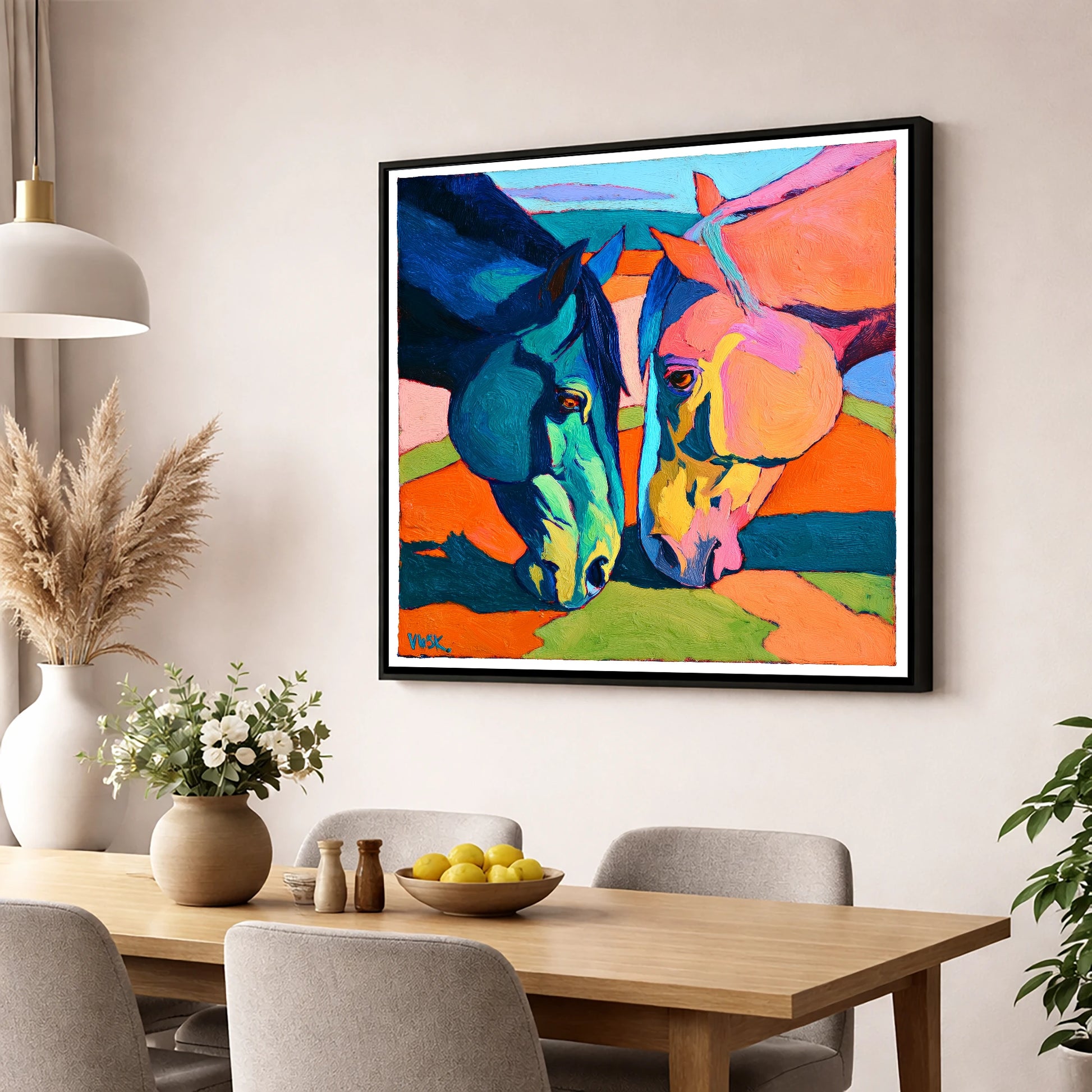 Vibrant Companions horse portrait wall art displayed in a dining room