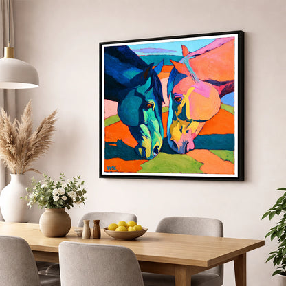 Vibrant Companions horse portrait wall art displayed in a dining room