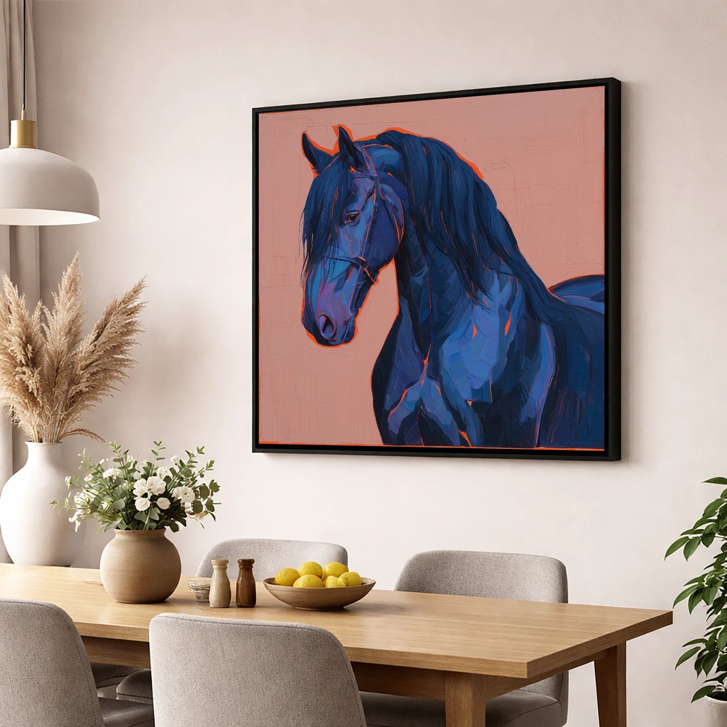 Midnight Blue Majesty horse breed wall art displayed in a dining room