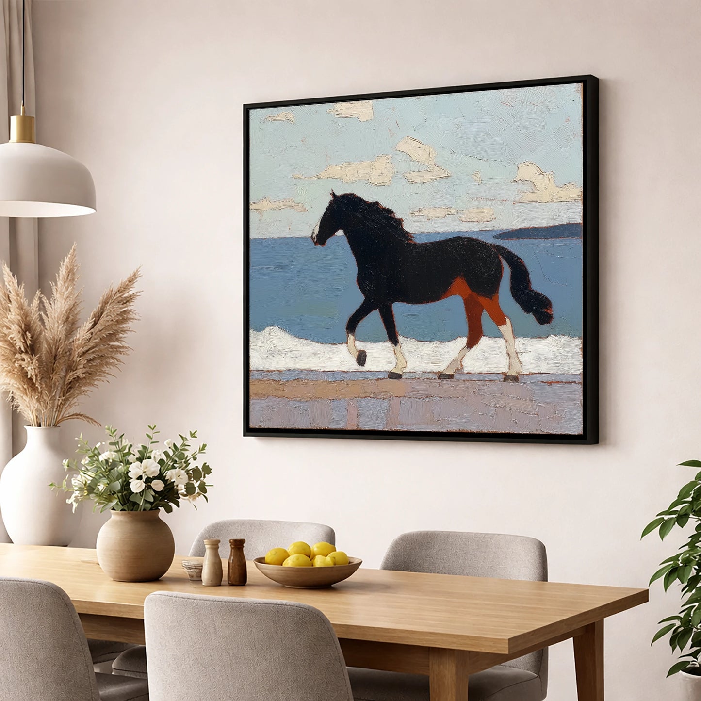 Seaside Stride horse landscape wall art displayed in a dining room