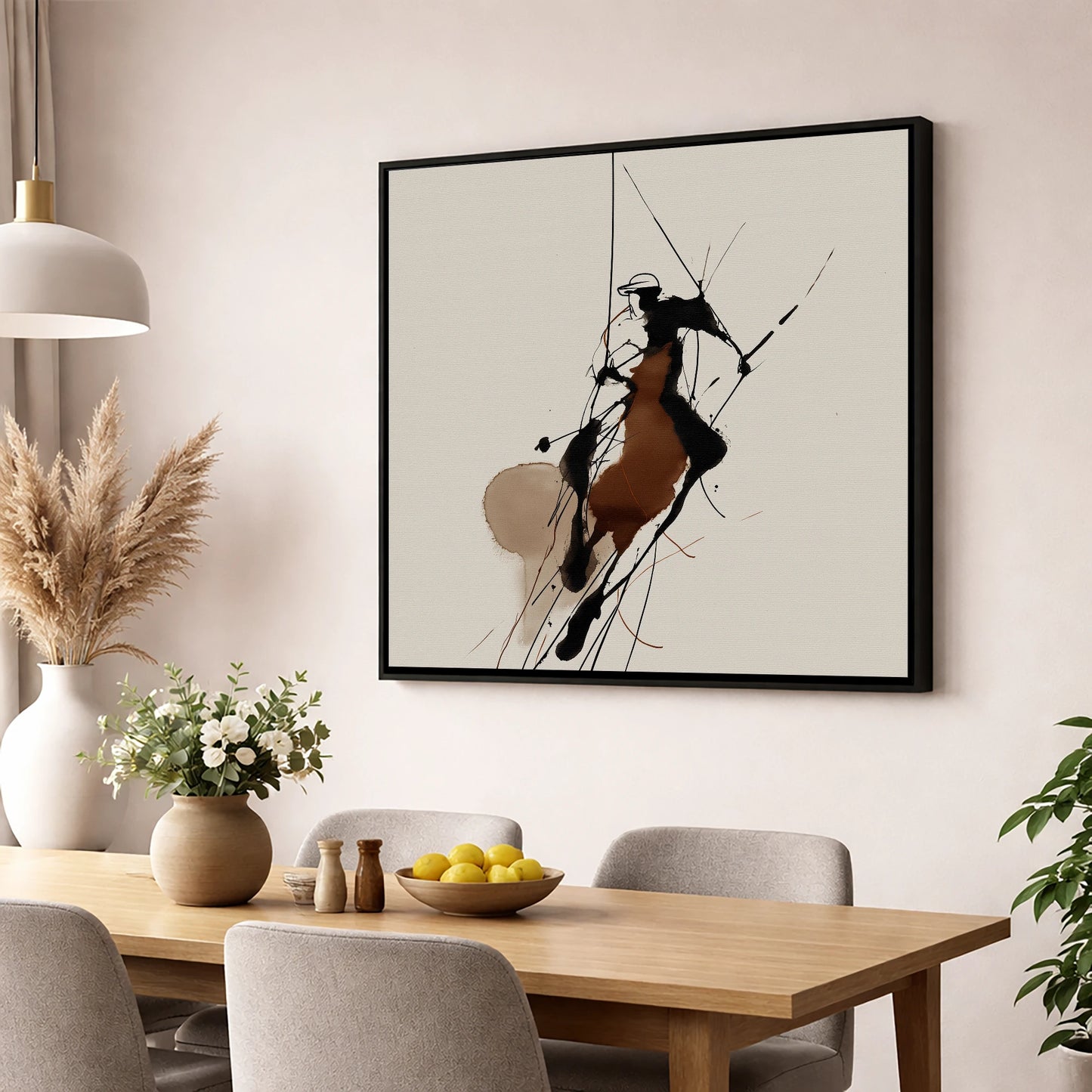 Dynamic Polo Strike polo horse wall art displayed in a dining room