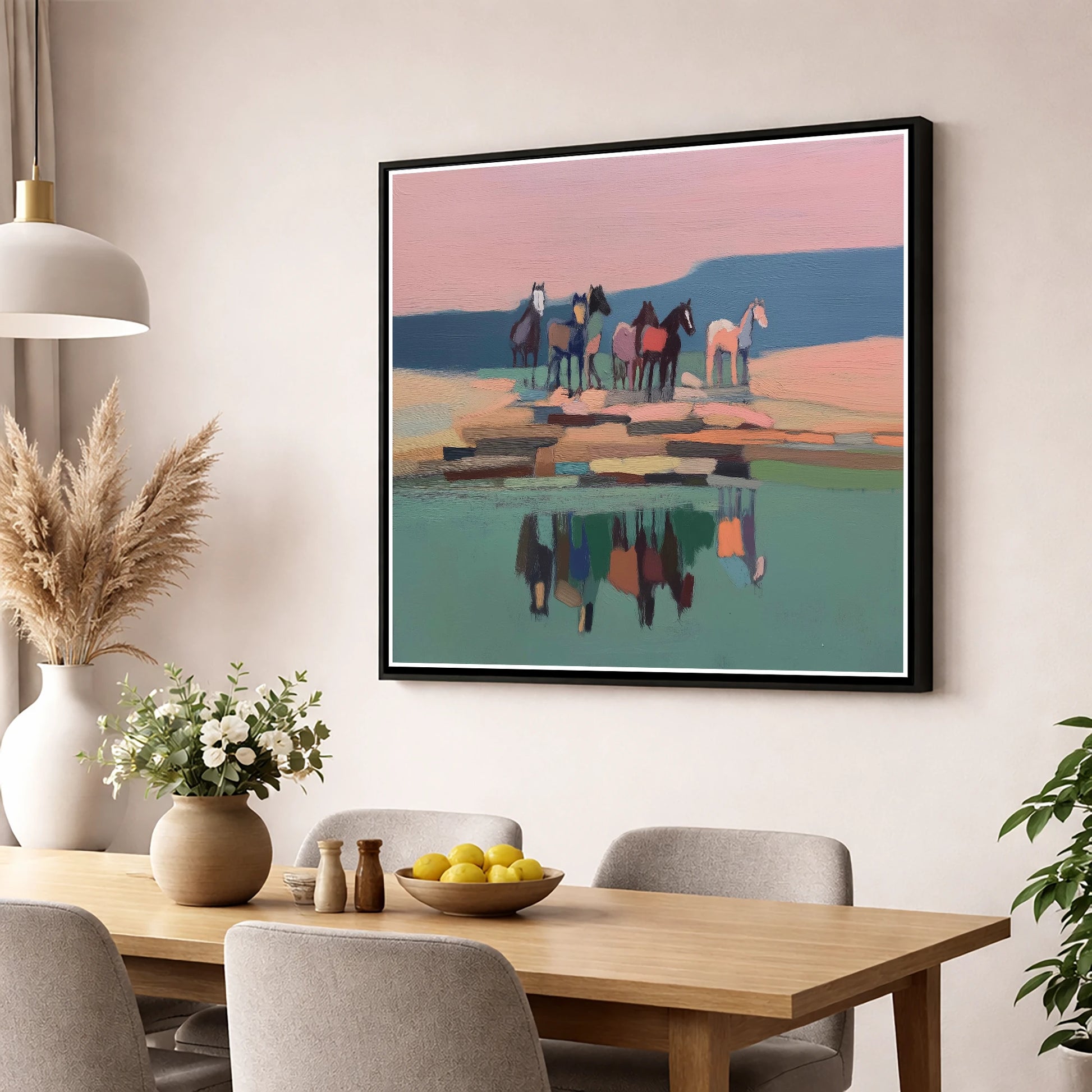 Stillness by the Water wild horses wall art displayed in a dining room