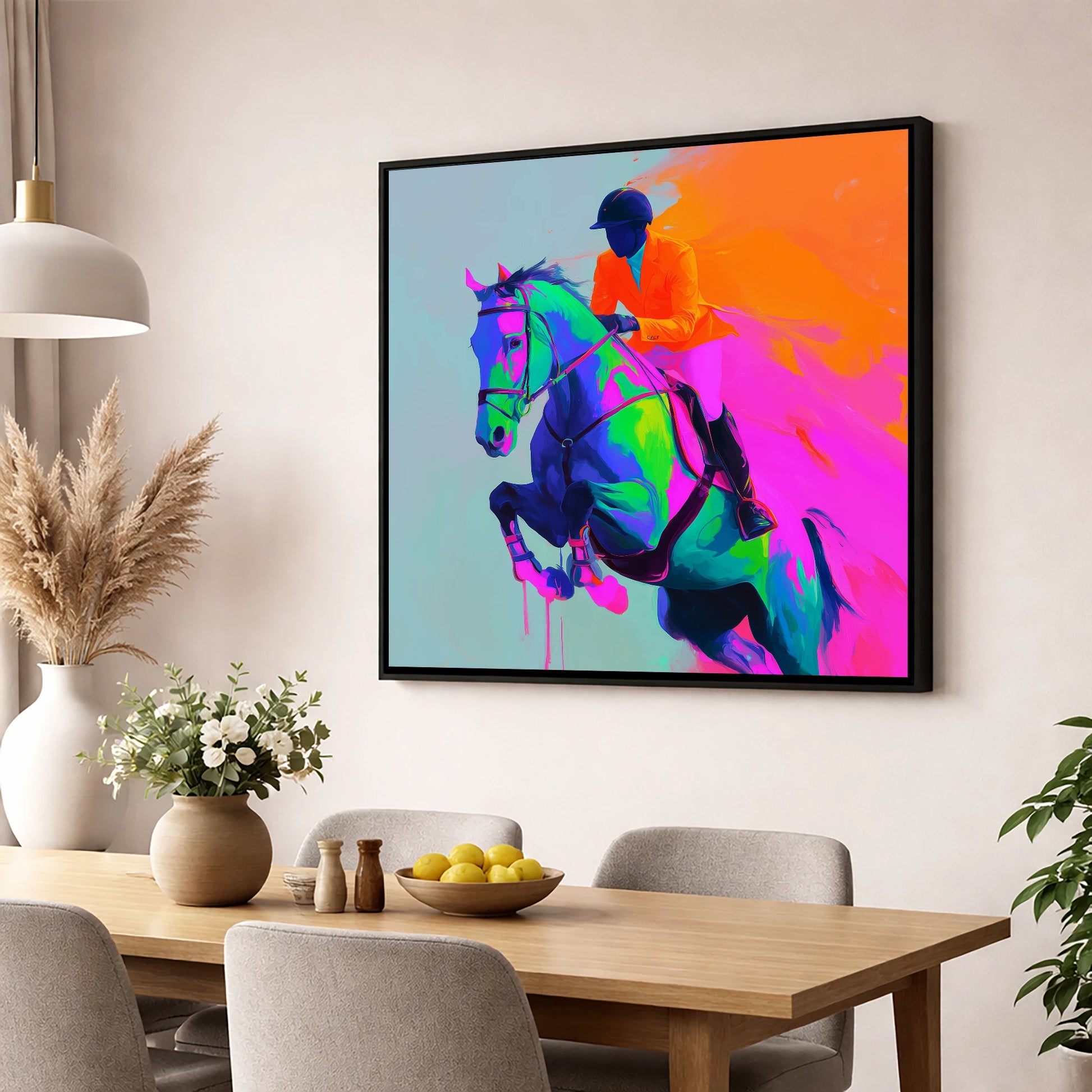 Technicolour Flight show jumping horse wall art displayed in a dining room