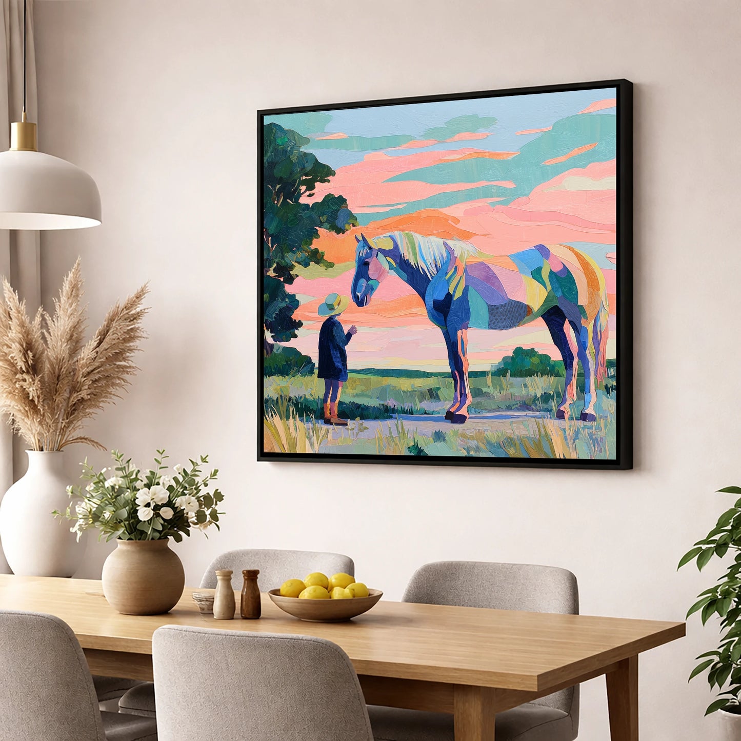 Vivid Connection horse & rider wall art displayed in a dining room