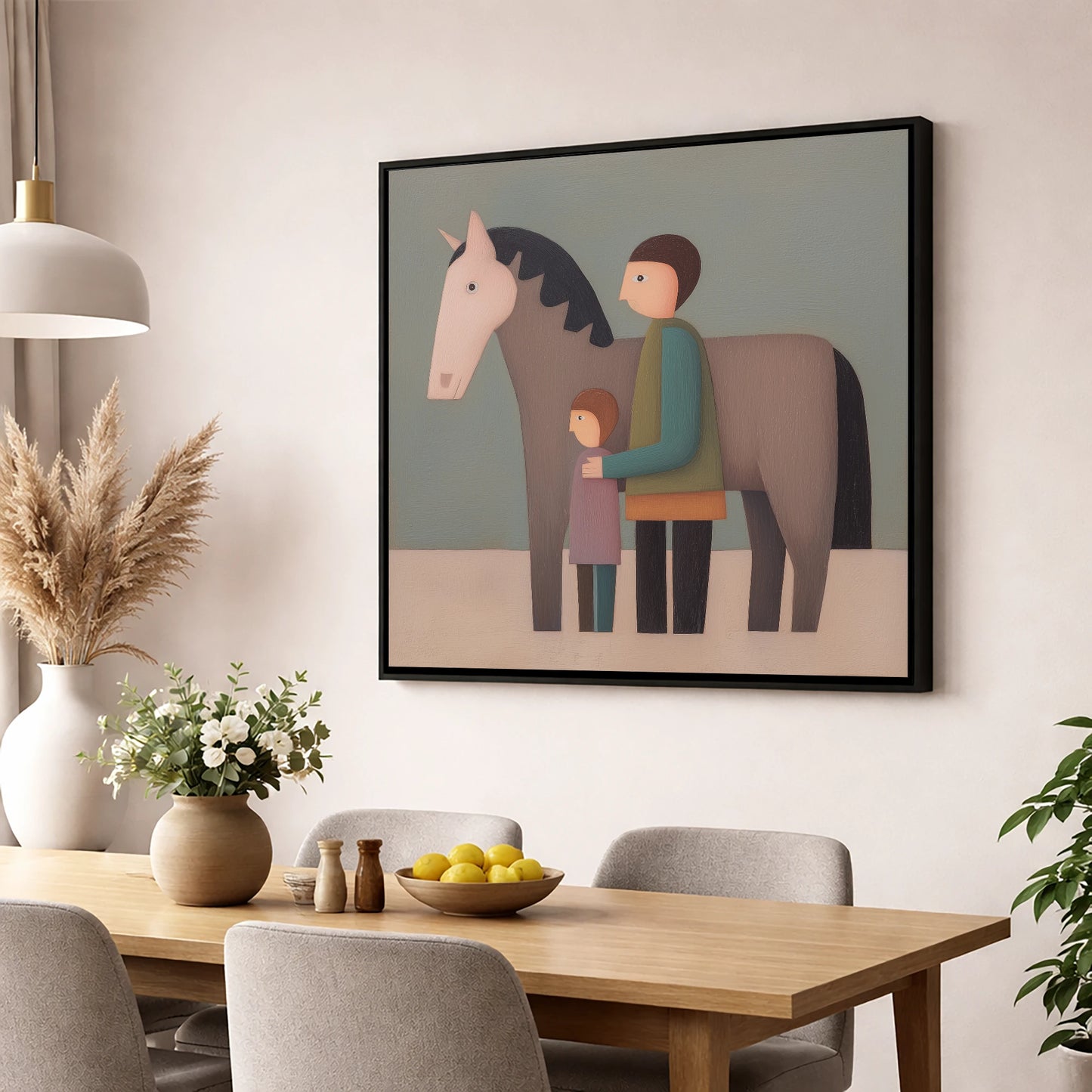 Standing Together horse & rider wall art displayed in a dining room