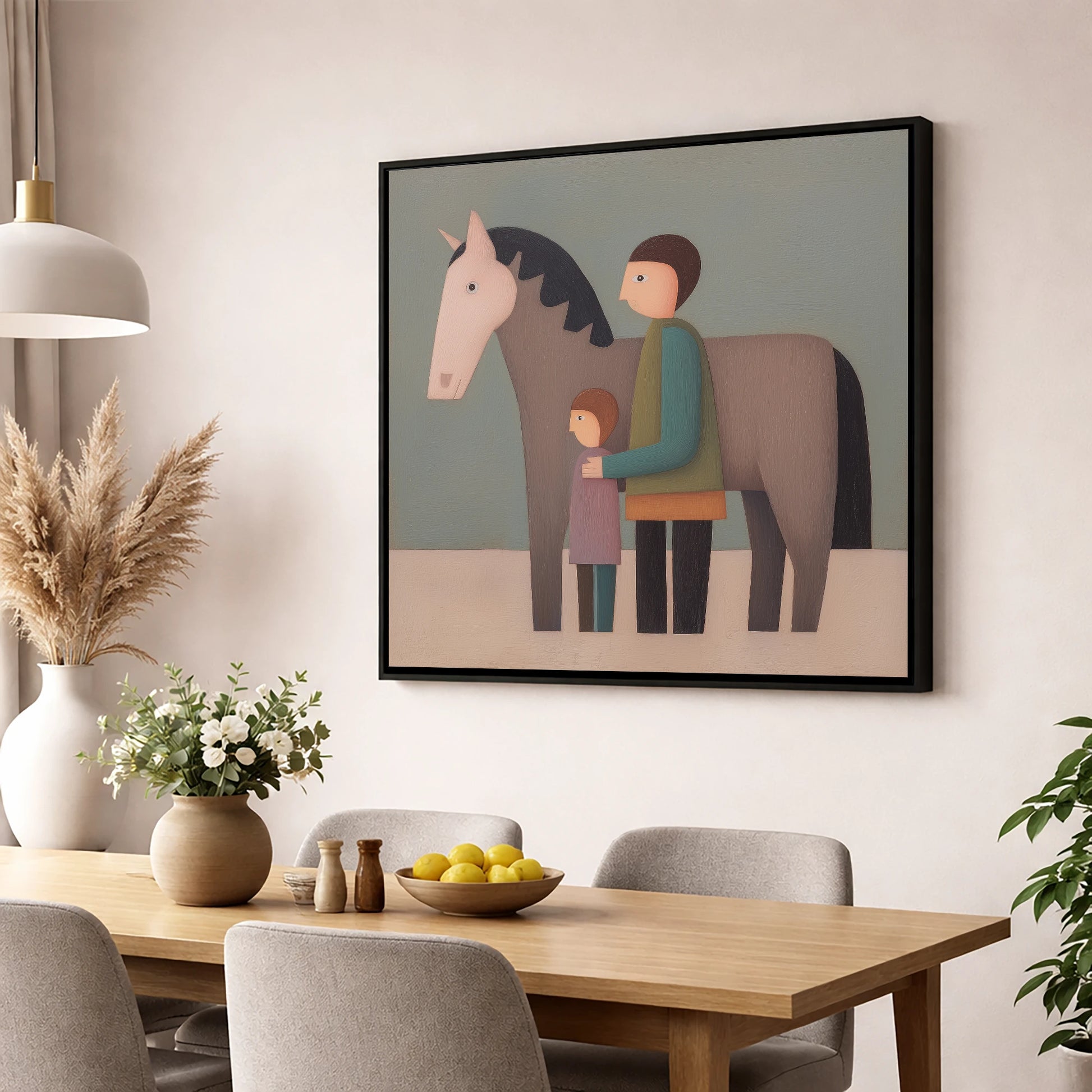 Standing Together horse & rider wall art displayed in a dining room