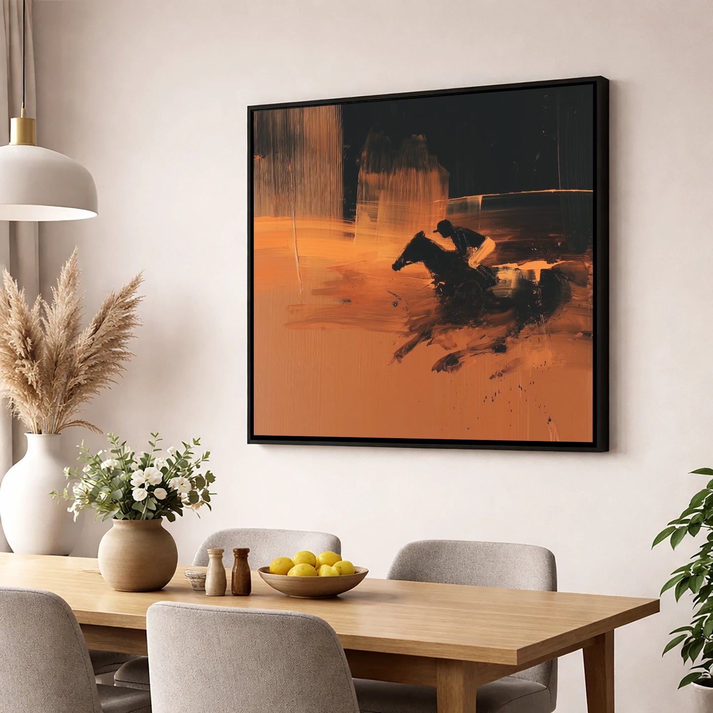 Amber Racing Silhouette racing horse wall art displayed in a dining room
