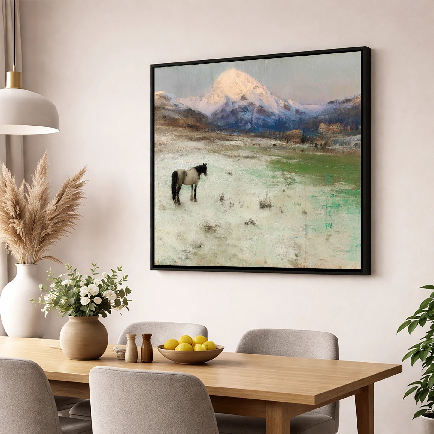 Alpine Solitude horse landscape wall art displayed in a dining room