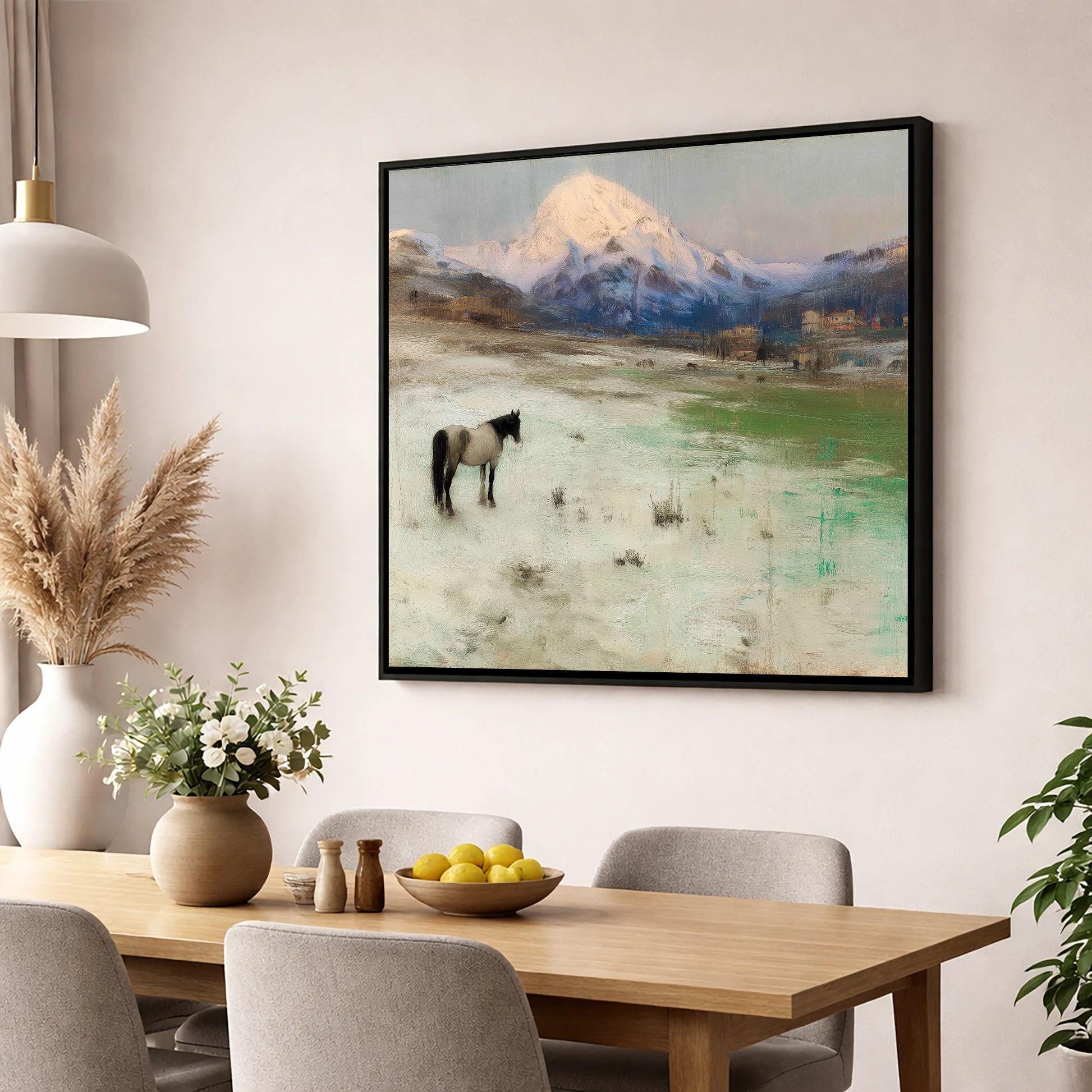 Alpine Solitude horse landscape wall art displayed in a dining room