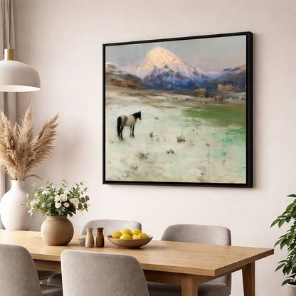 Alpine Solitude horse landscape wall art displayed in a dining room