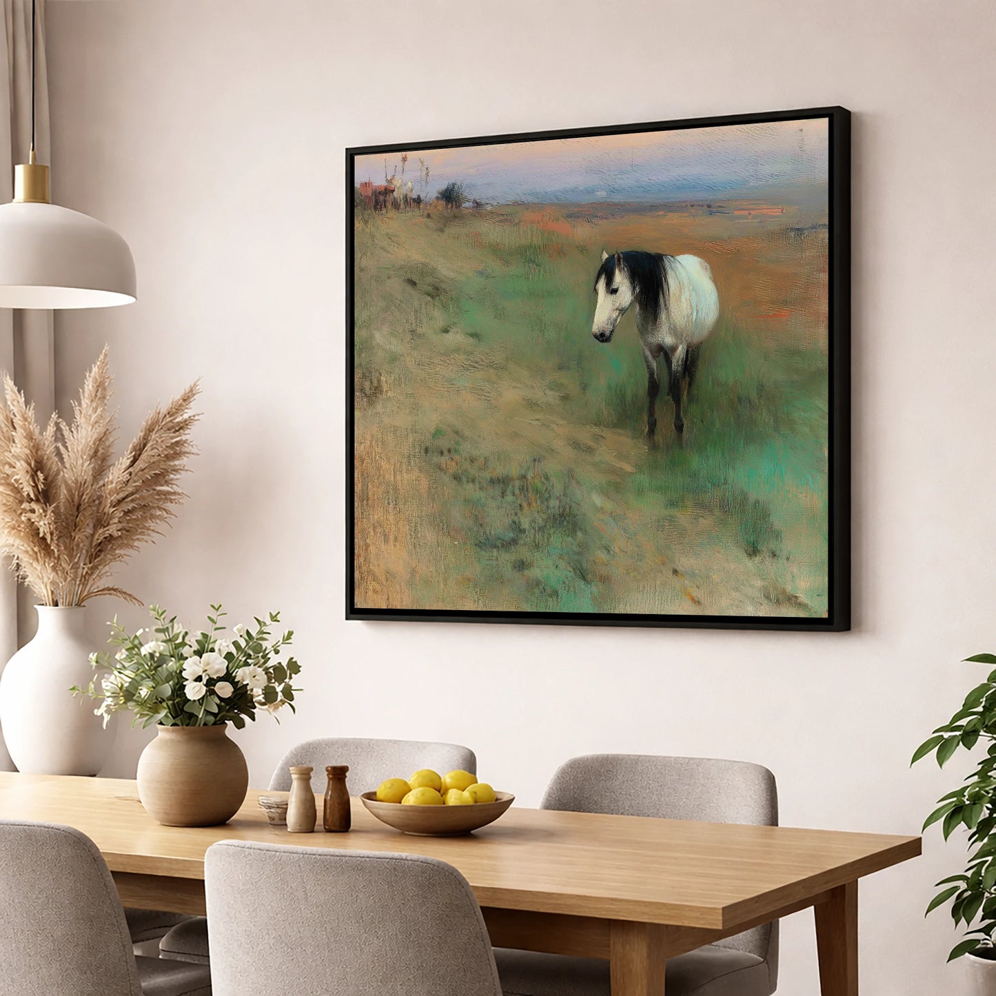 Dusk on the Headland horse landscape wall art displayed in a dining room