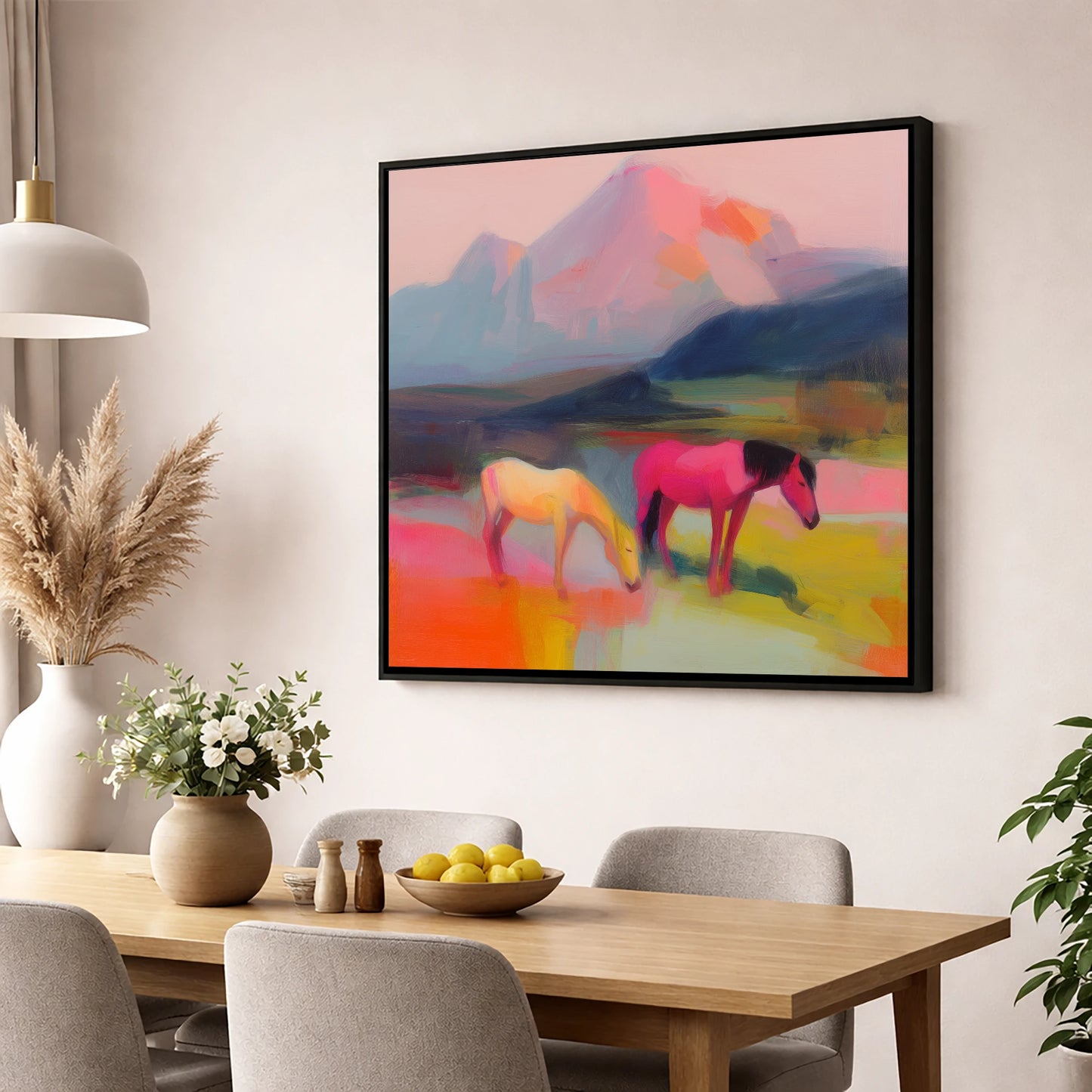 Vivid Mountain Pasture horse landscape wall art displayed in a dining room